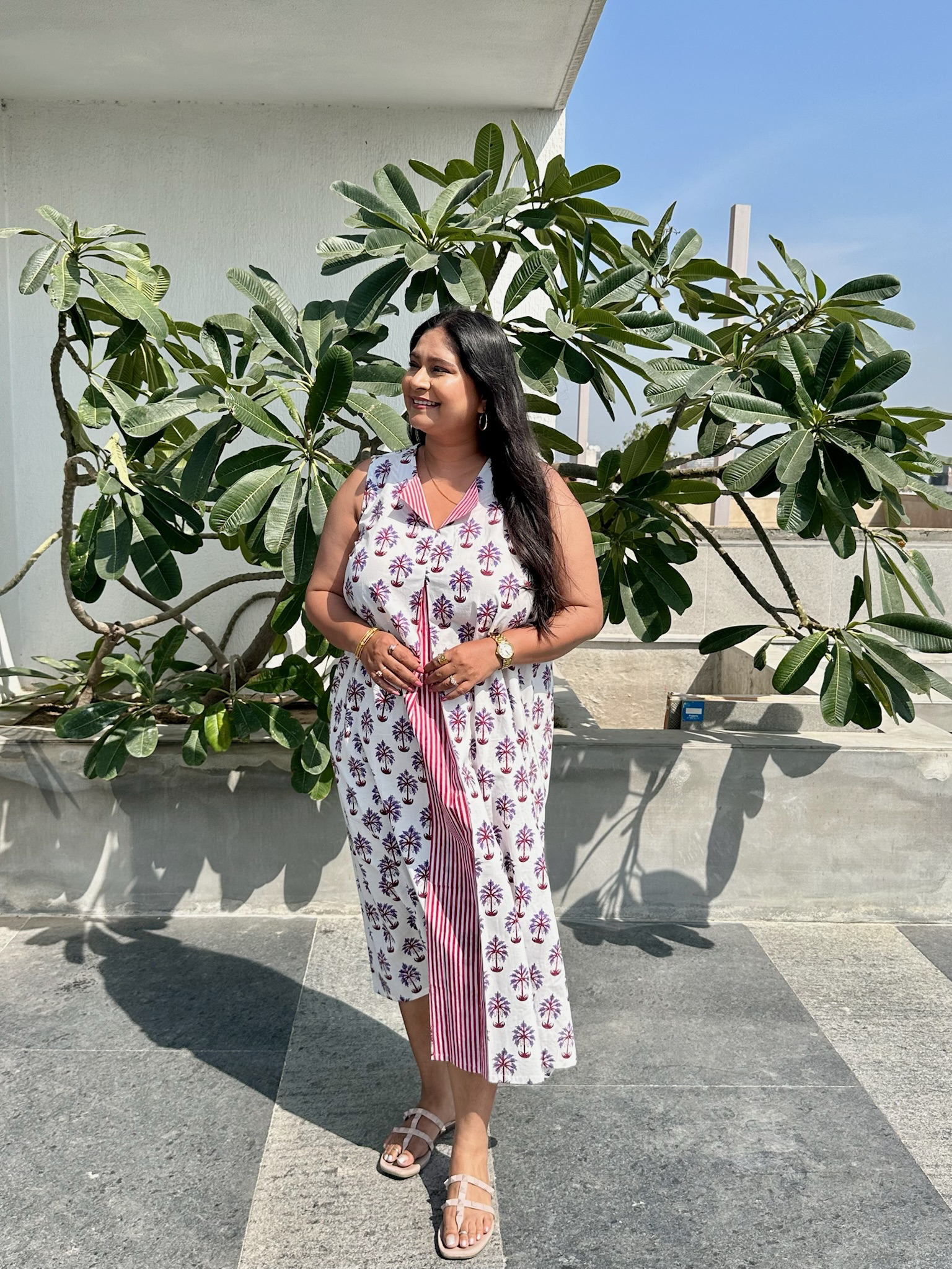 Palm Leaves Red and Purple Midi Dress