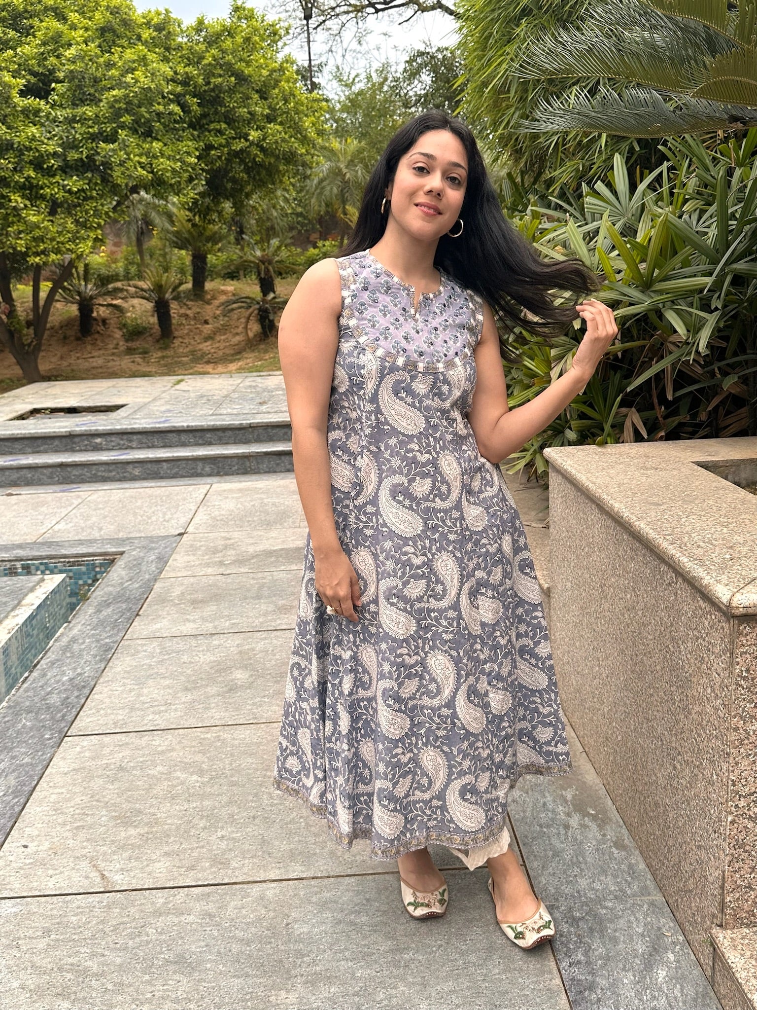 Cloudy Grey Yoke Sleeveless Anarkali