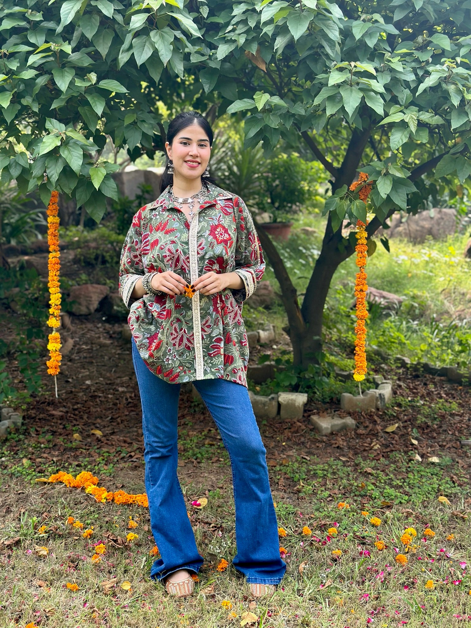Vines Green Asymmetric Mulmul Shirt