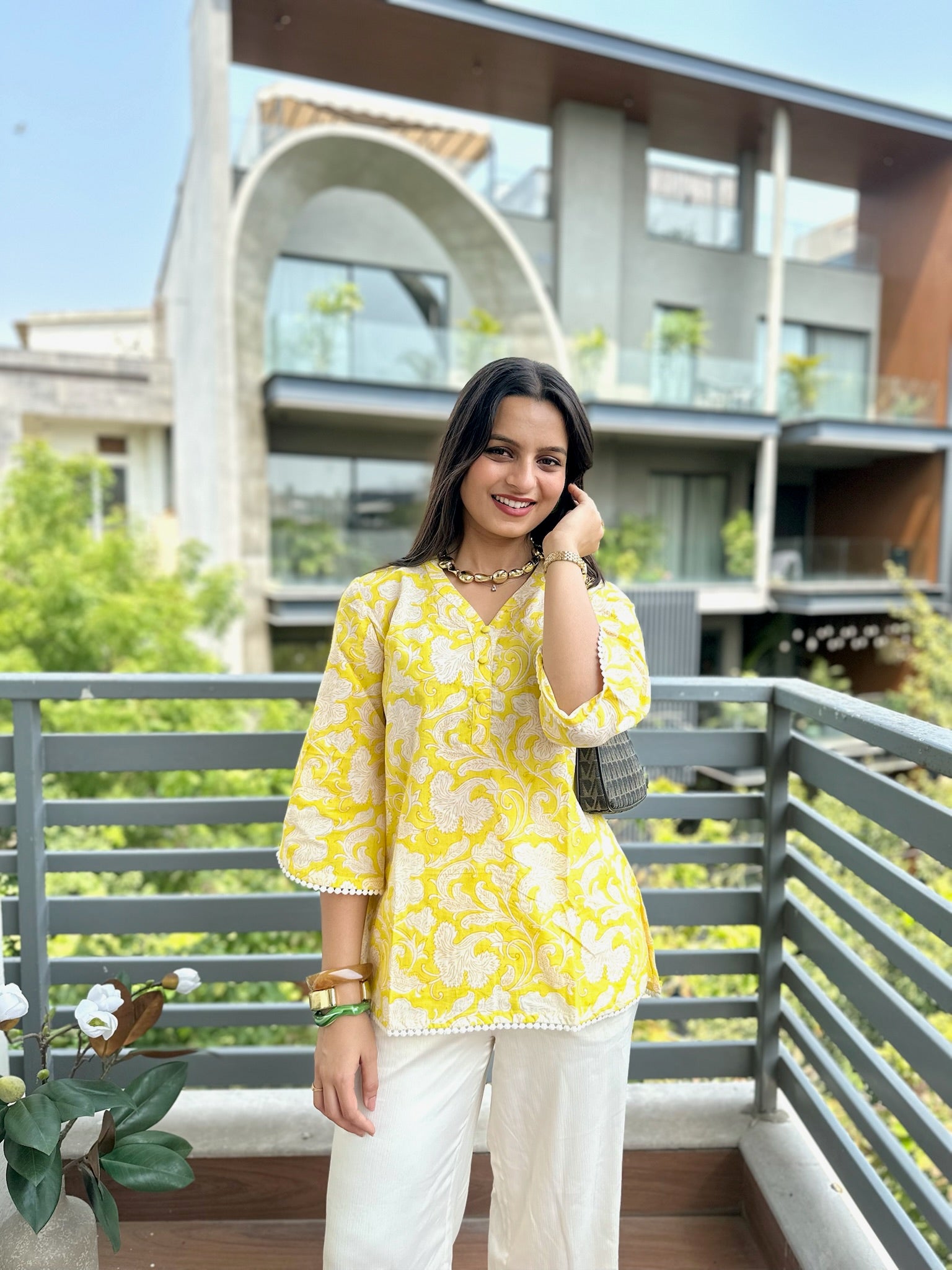 Chamomile Yellow Lace Short Kurti