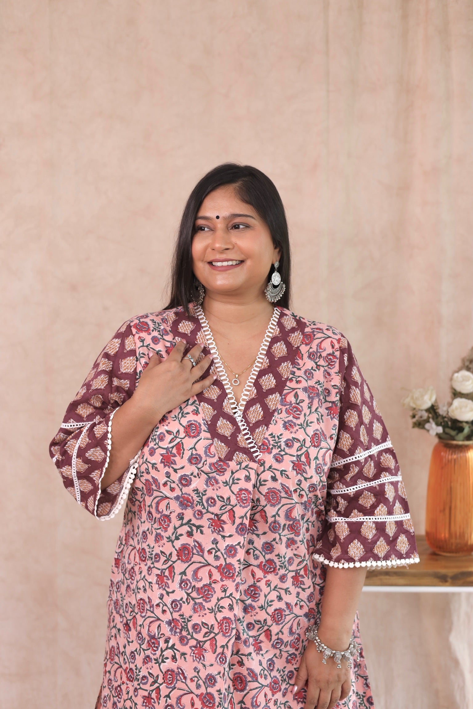 Peach Pink Front Pleat Kurta