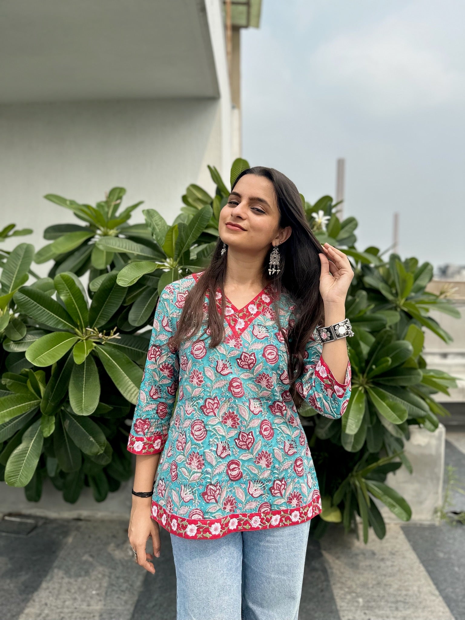Blue Petal Whispers Short Kurti