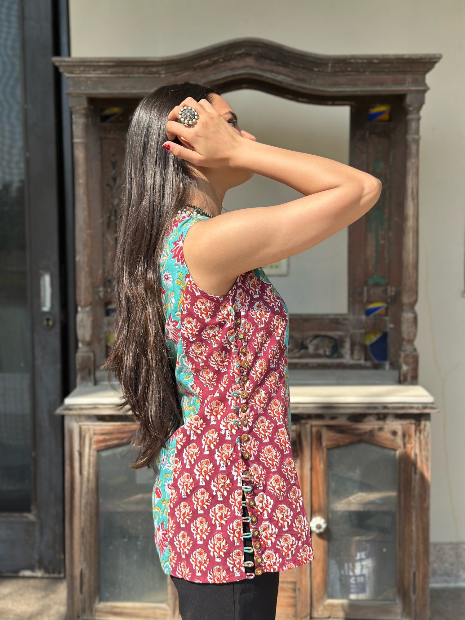 Red Teal Halter Short Kurti