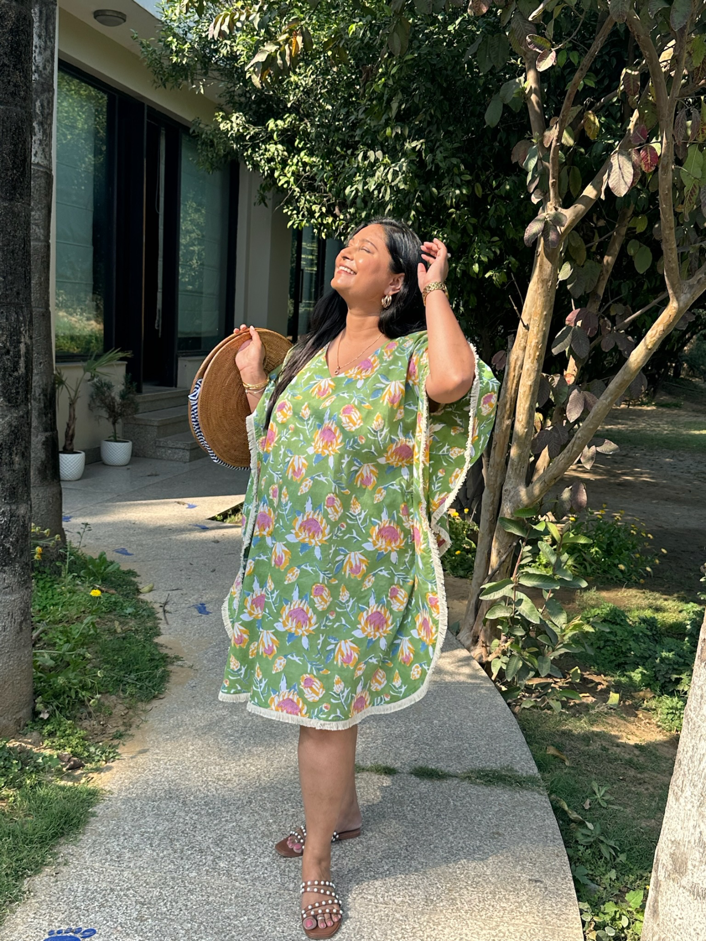 Green Floral Kaftan Dress
