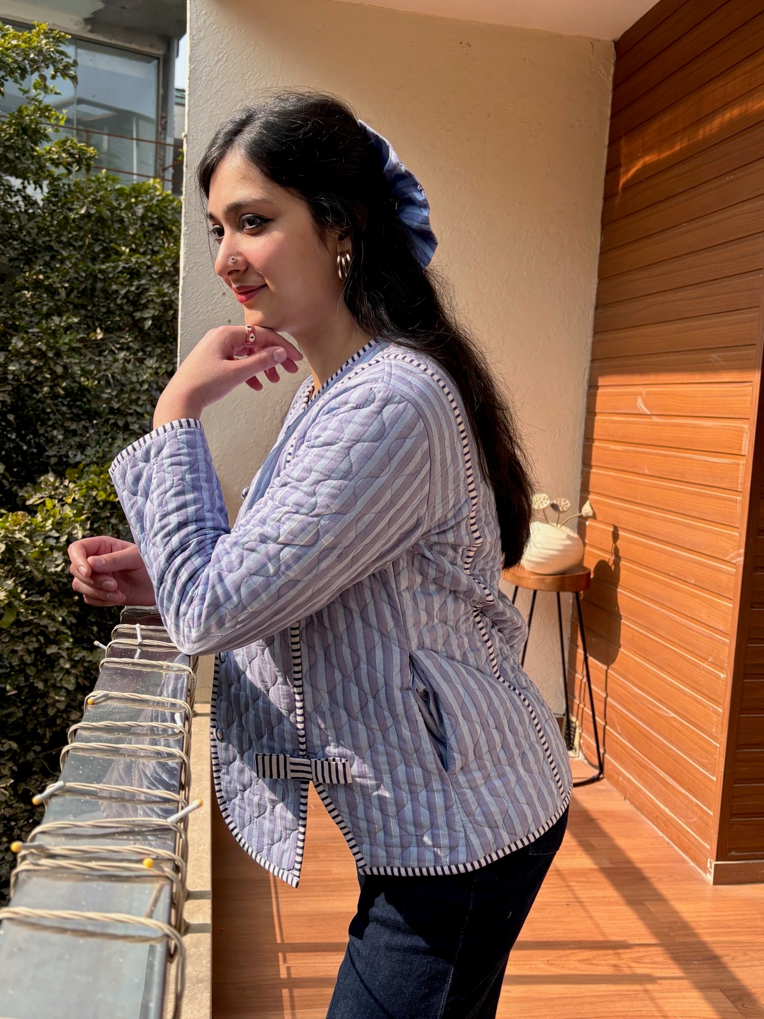 Misty Blue Bow Quilted Jacket