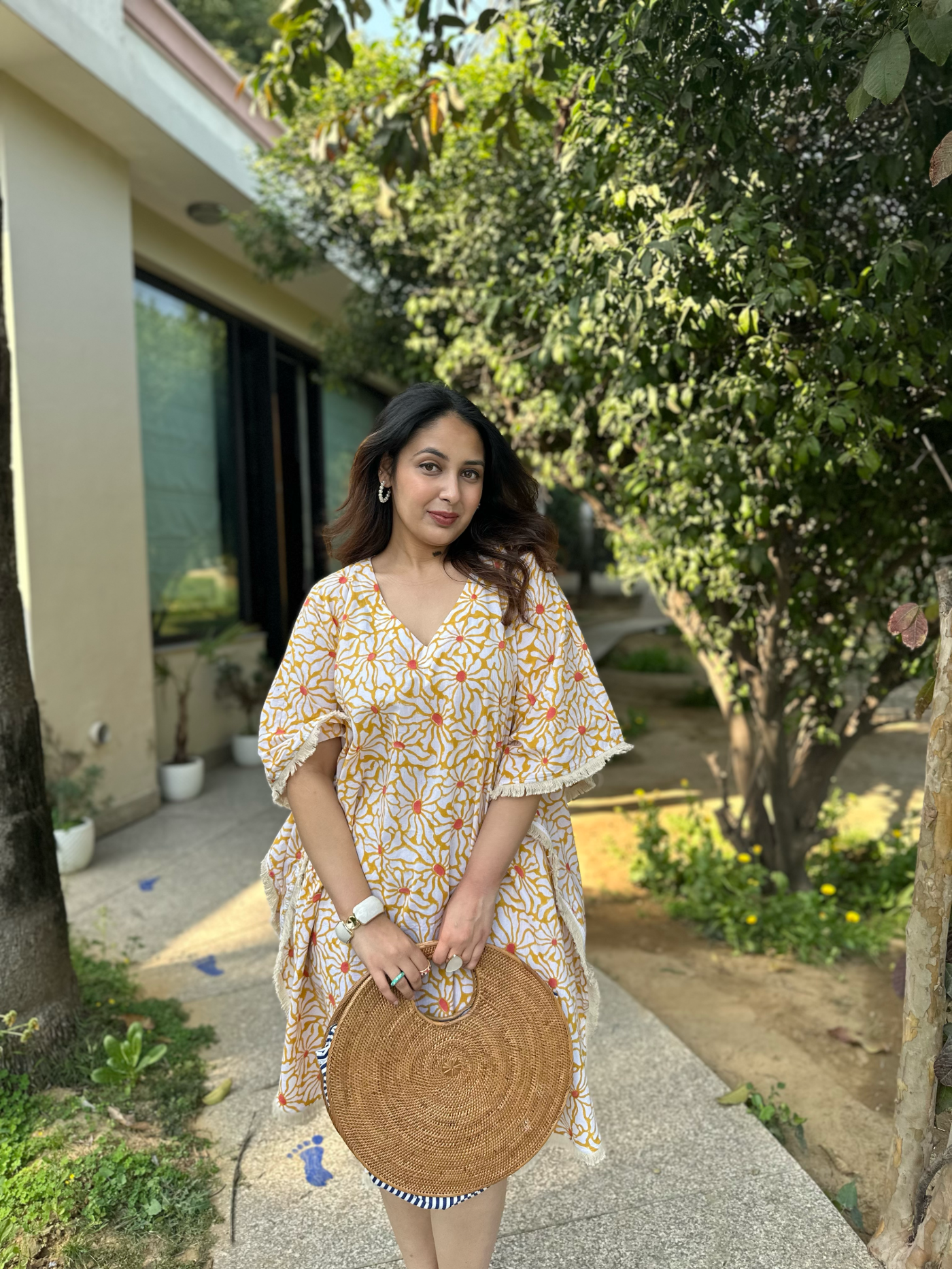Yellow Abstract Floral Kaftan Dress