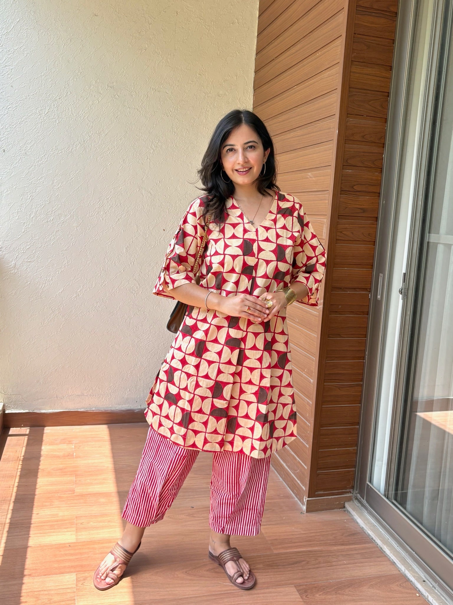 Geometric Red Side Placket Boxy Co-Ord Set