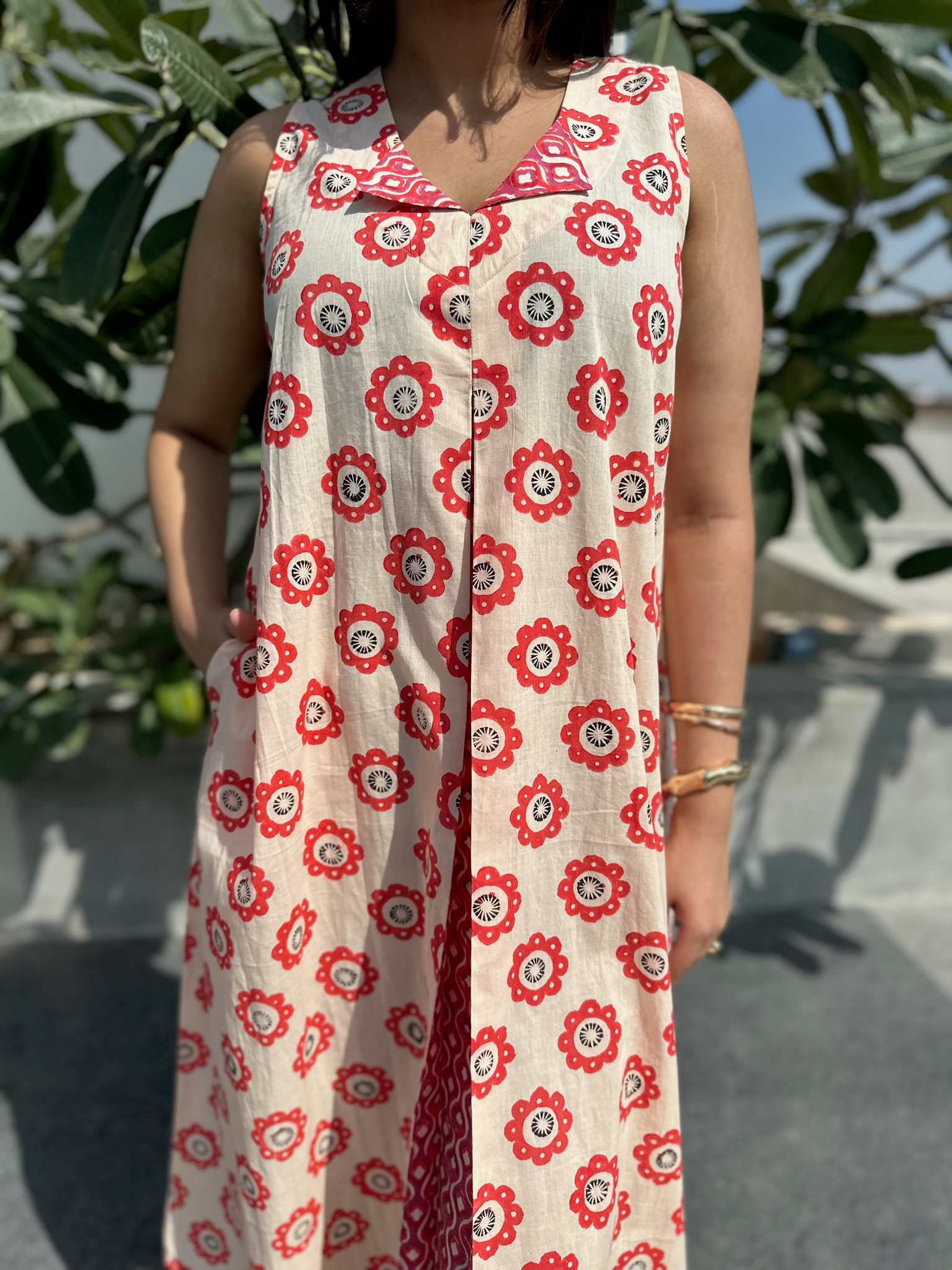 Abstract Floral Red Ivory Midi Dress