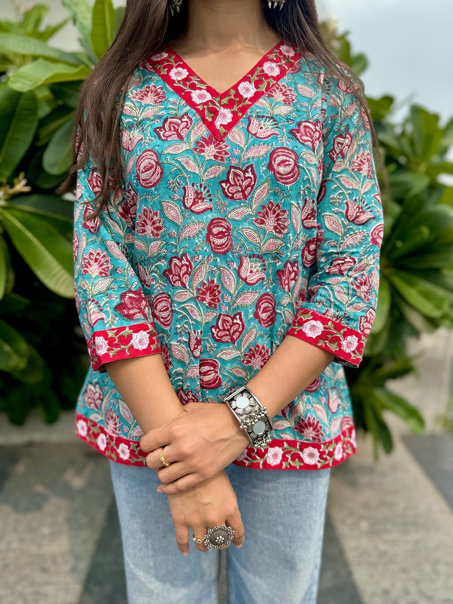 Blue Petal Whispers Short Kurti