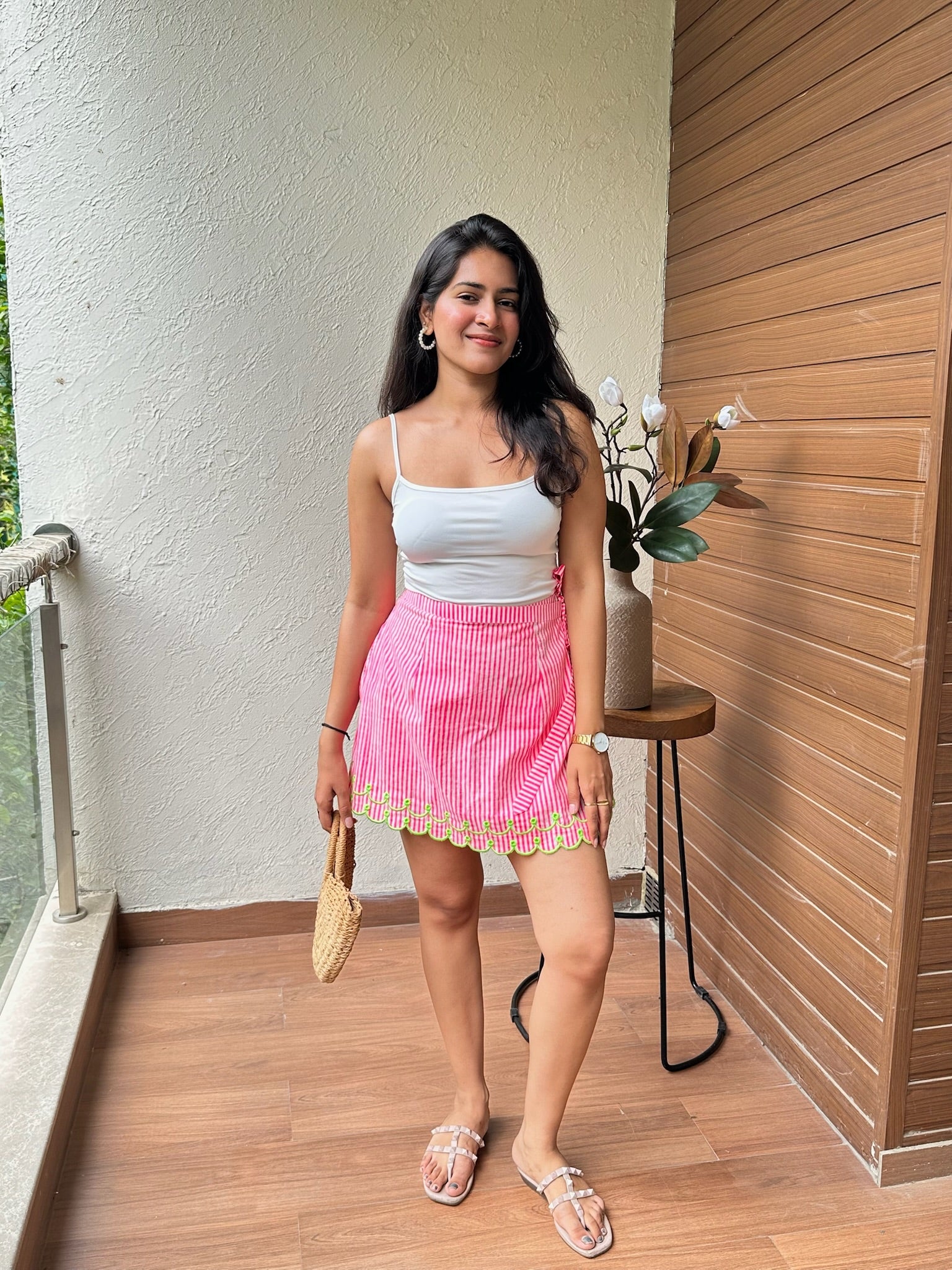 Pink Green Striped Embroidery Skort