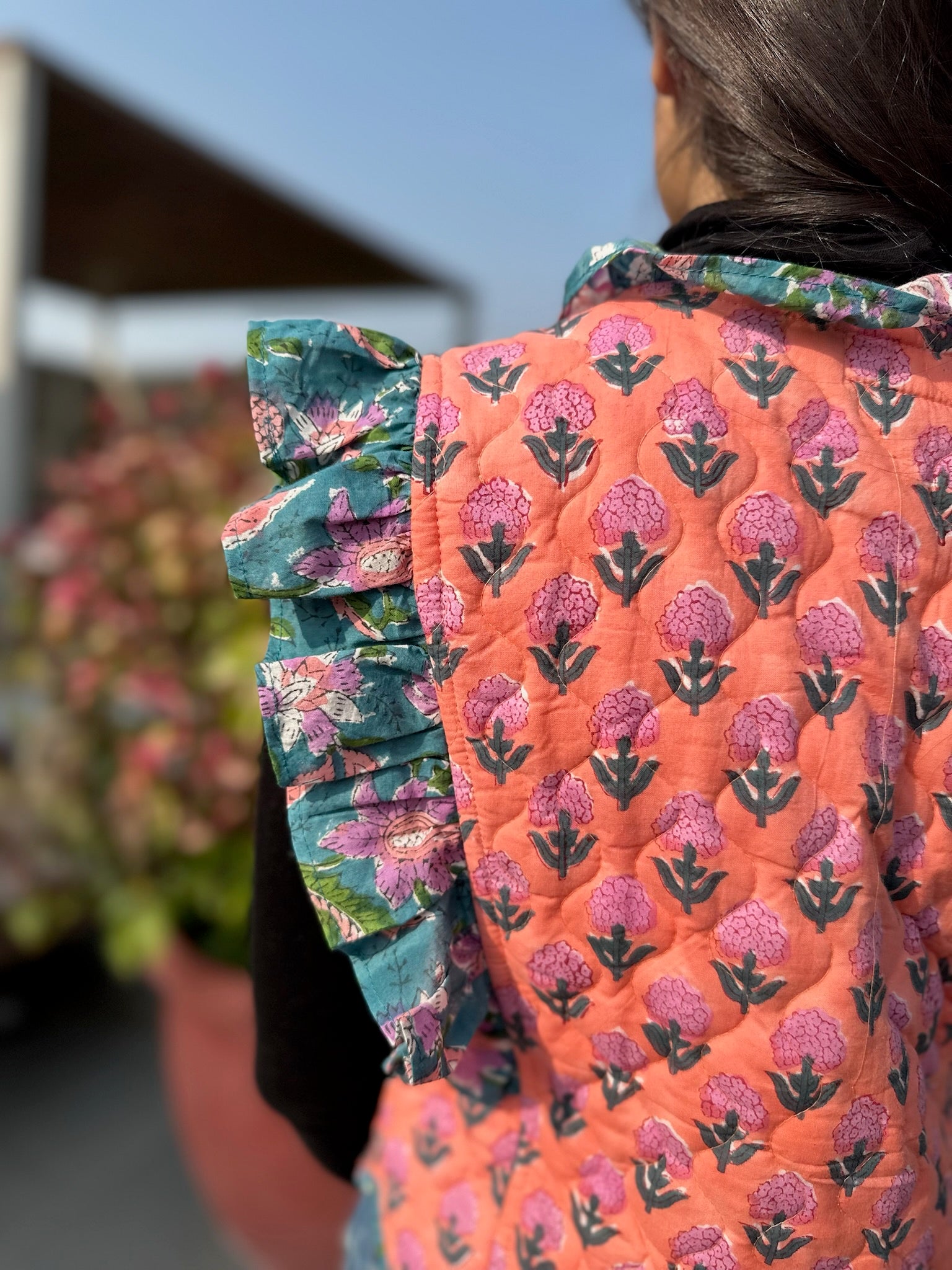 Soft Kumkum Quilted Frill Jacket