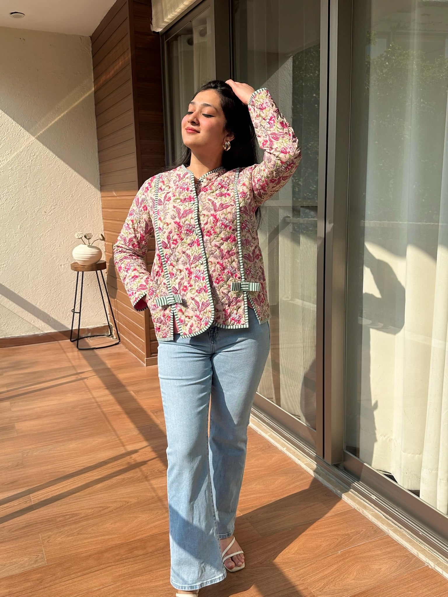 Floral Taupe Bow Quilted Jacket