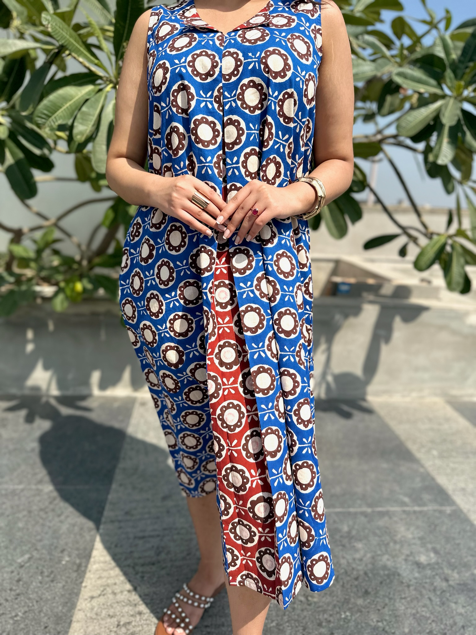 Abstract Floral Red Blue Midi Dress
