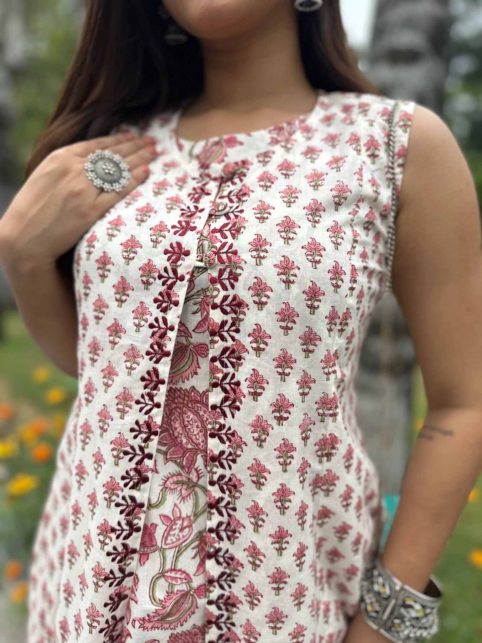 White Pink Jacket Kurta Set