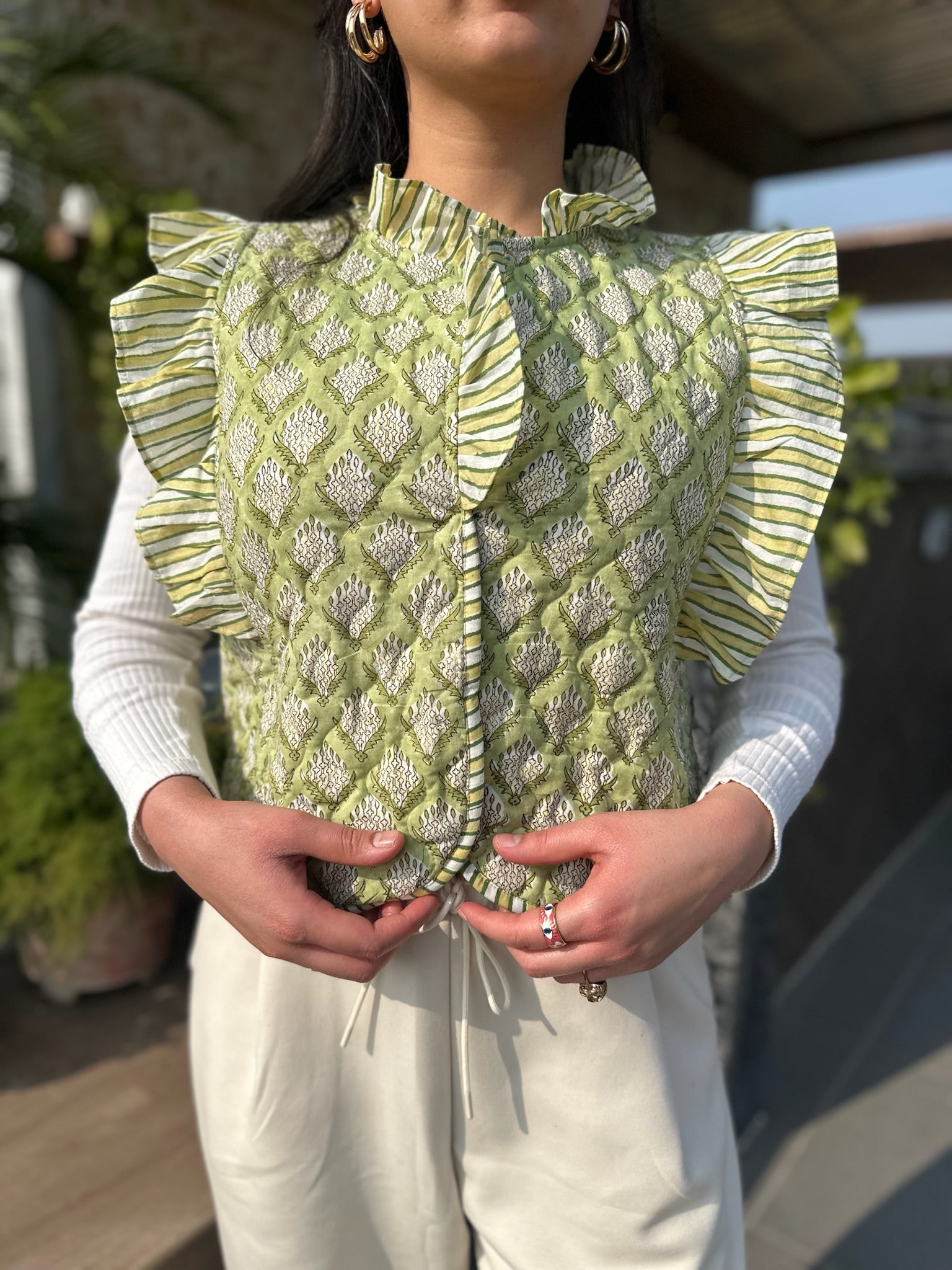 Rich Mehendi Quilted Frill Jacket