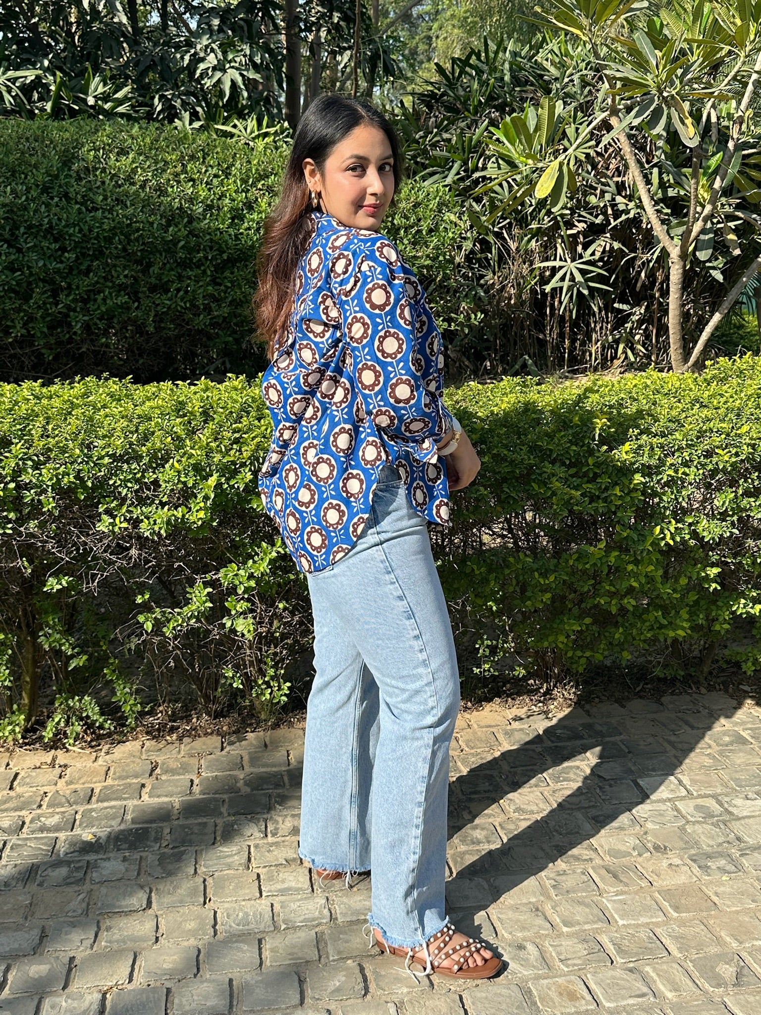 Abstract Floral Blue Brown Shirt