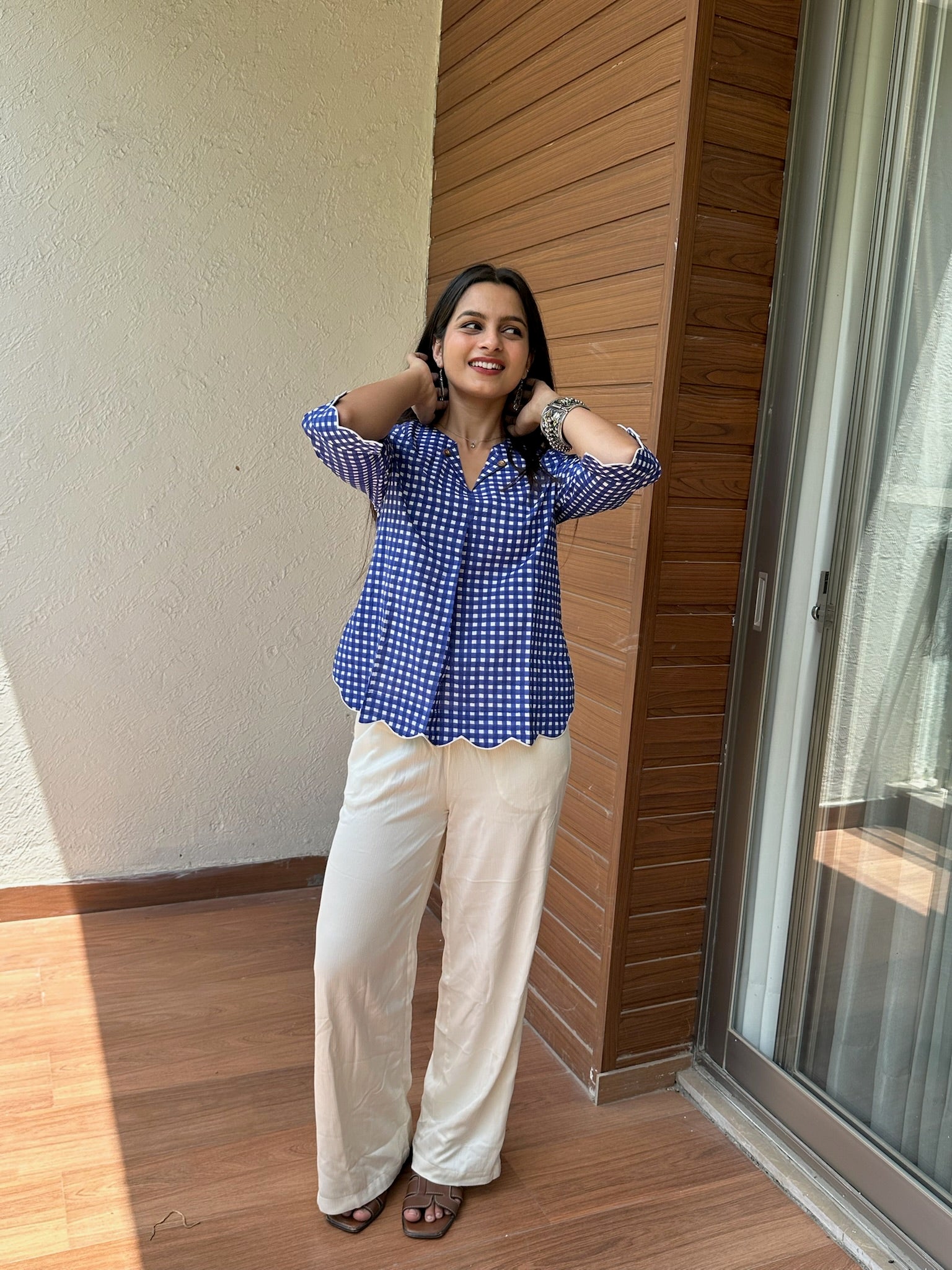 Indigo Gingham Scallop Top