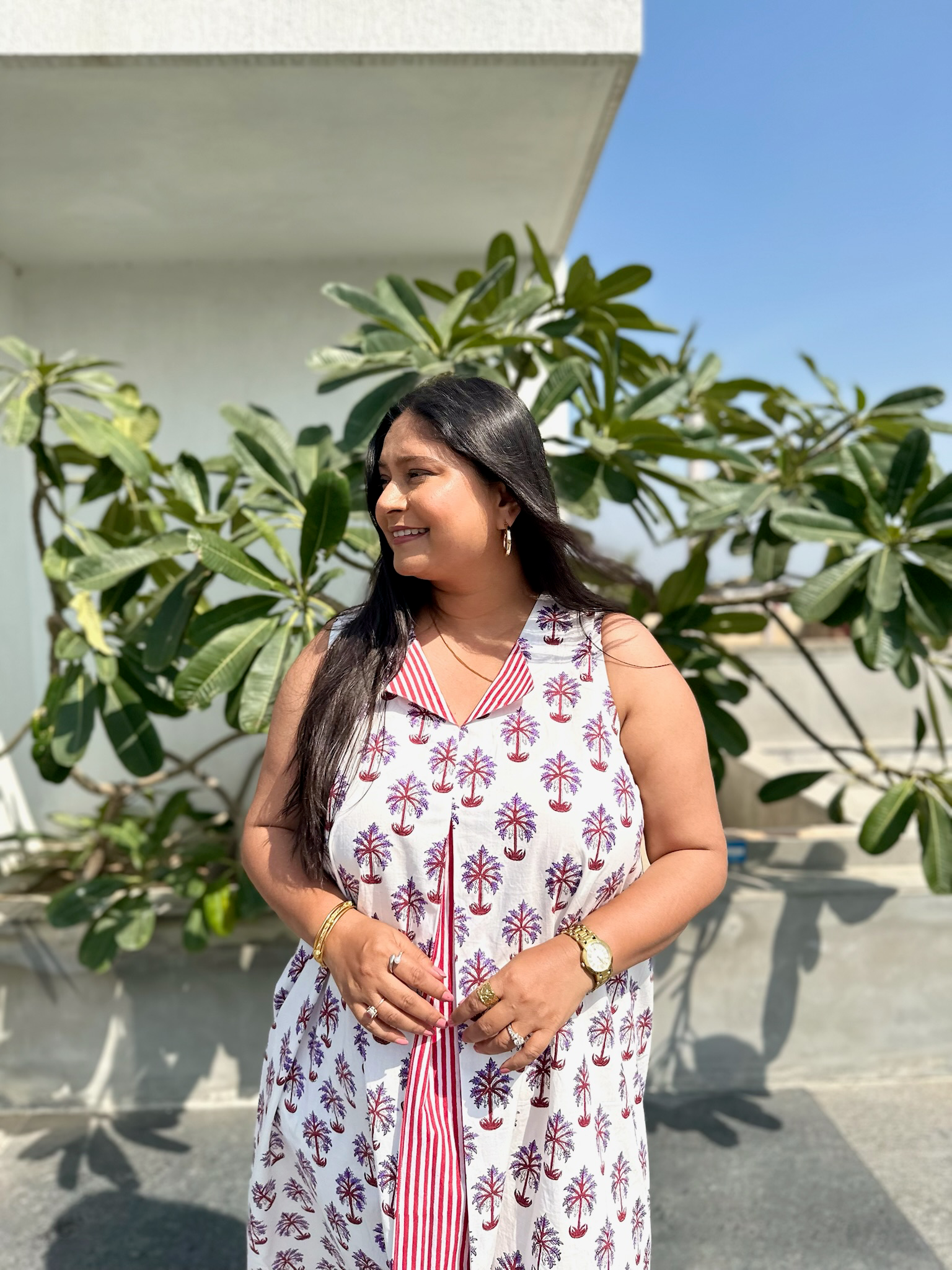 Palm Leaves Red and Purple Midi Dress