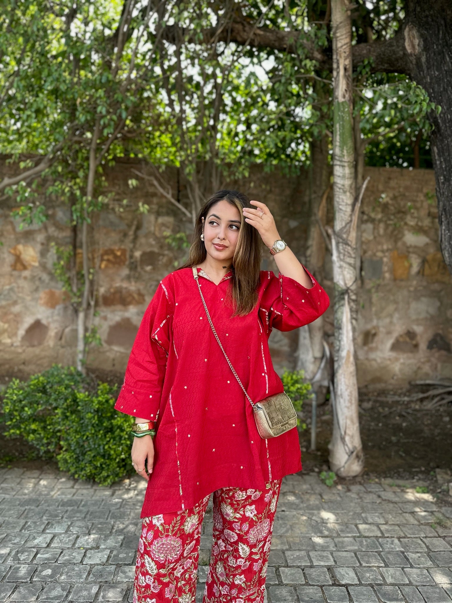 bright red short dobby co-ord set