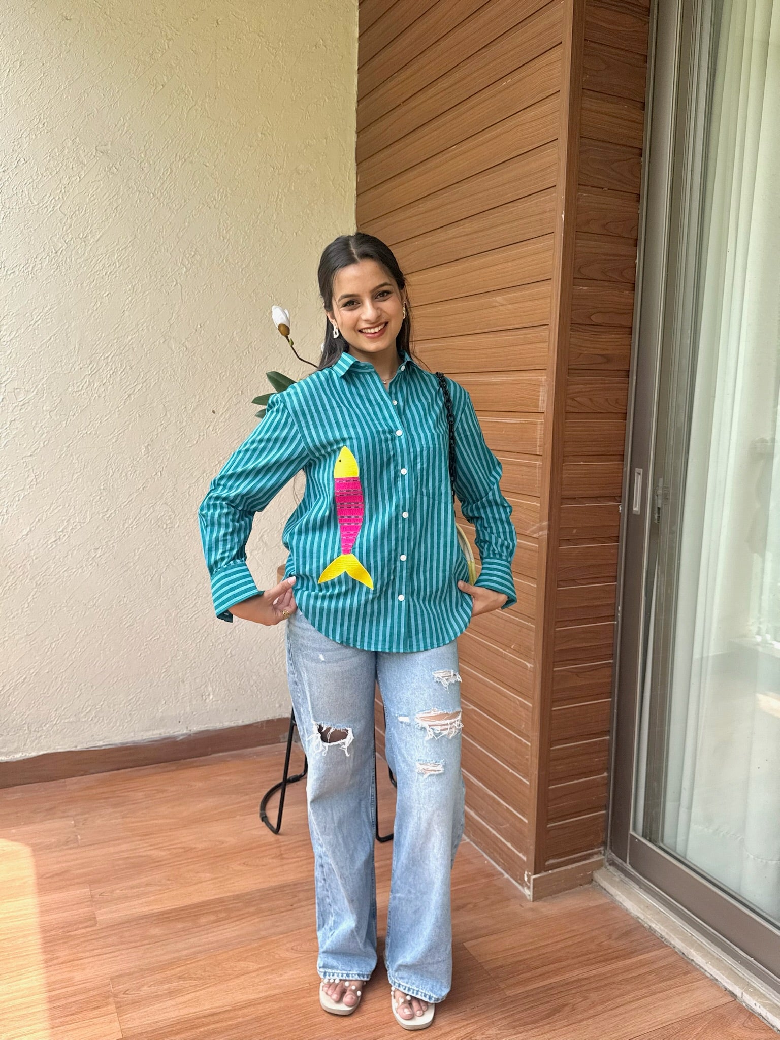 Teal Pink Contrast Fish Embroidery