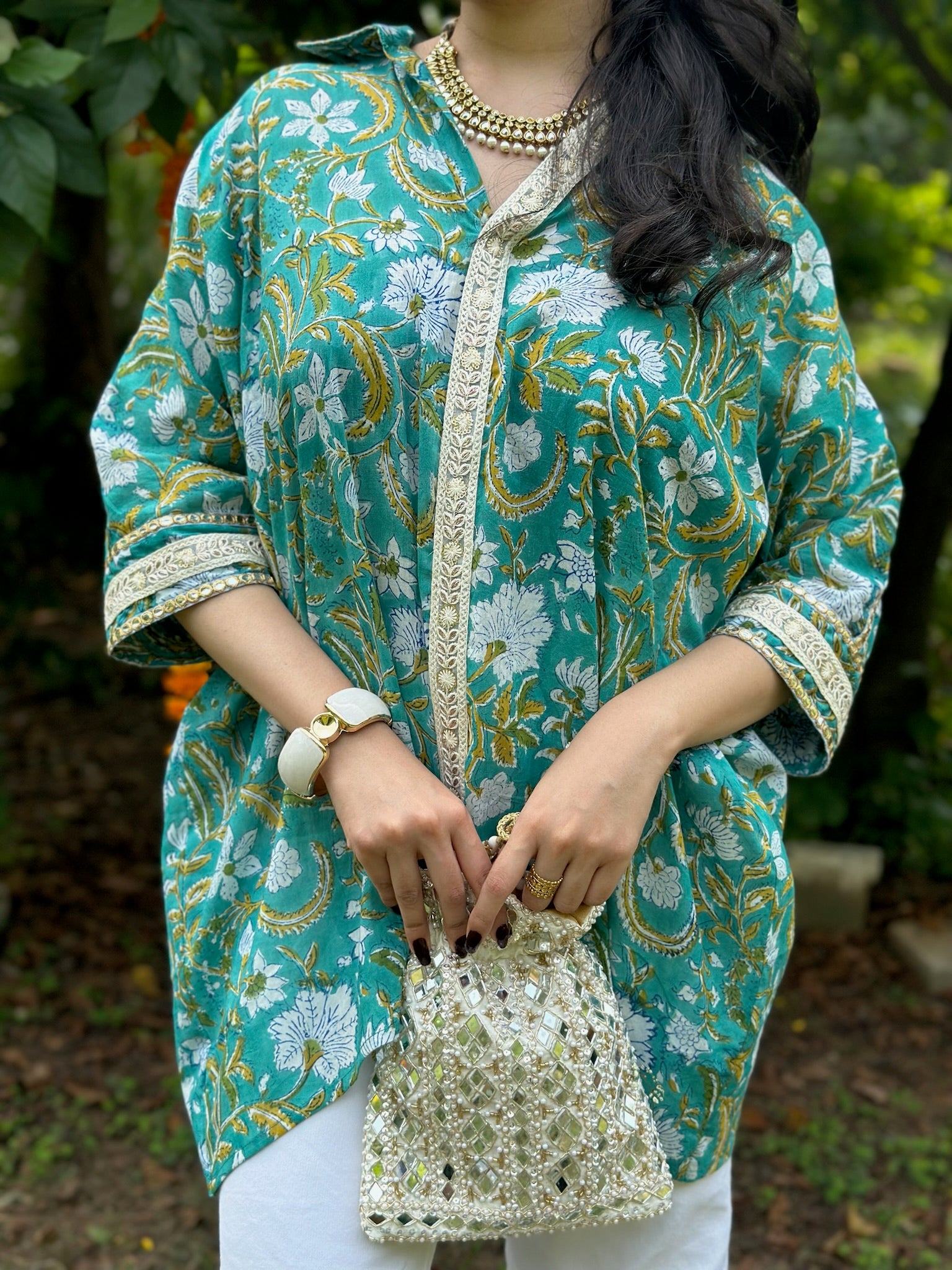 Moss Flower Asymmetric Mulmul Shirt