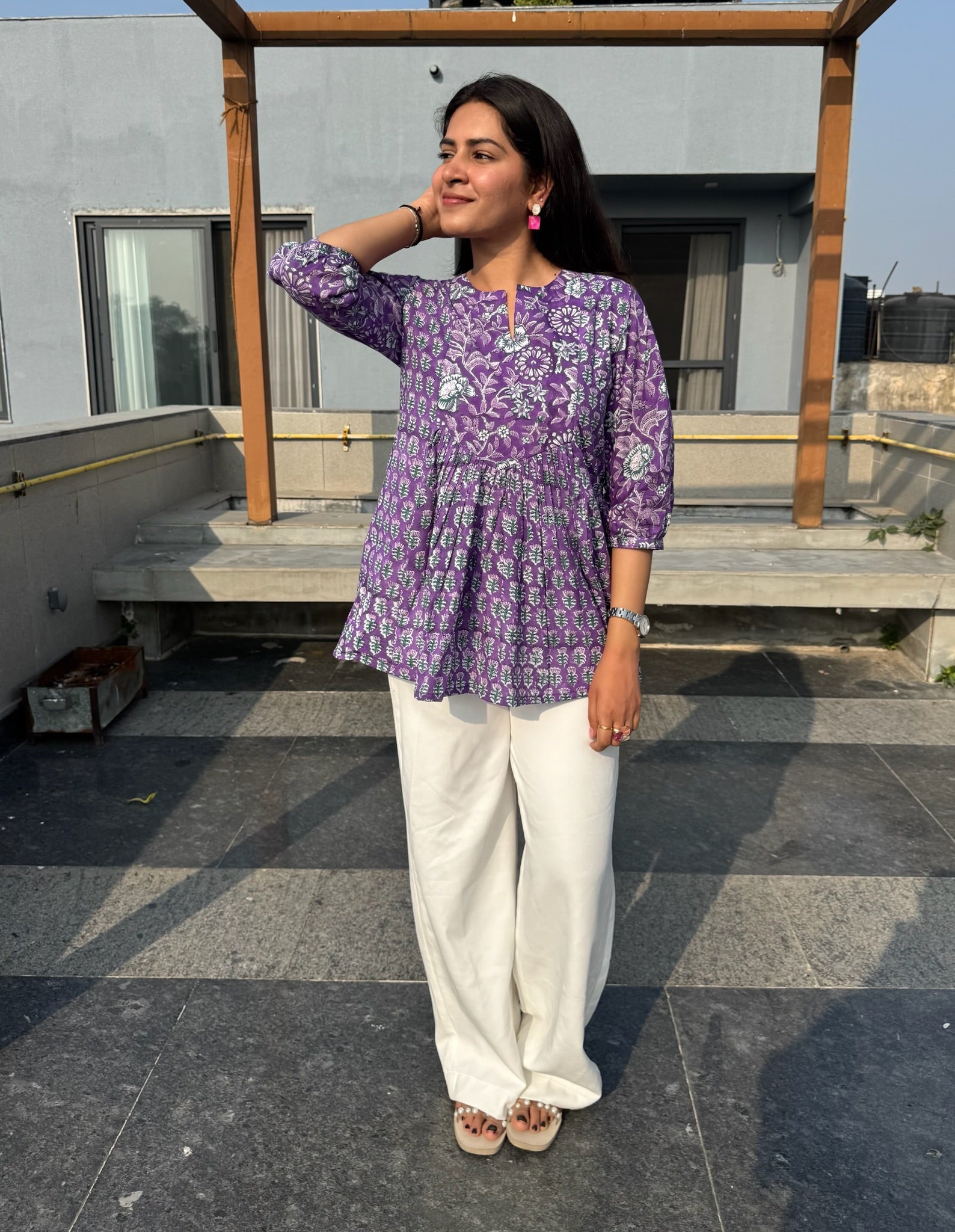 French Purple Gather Short Kurti