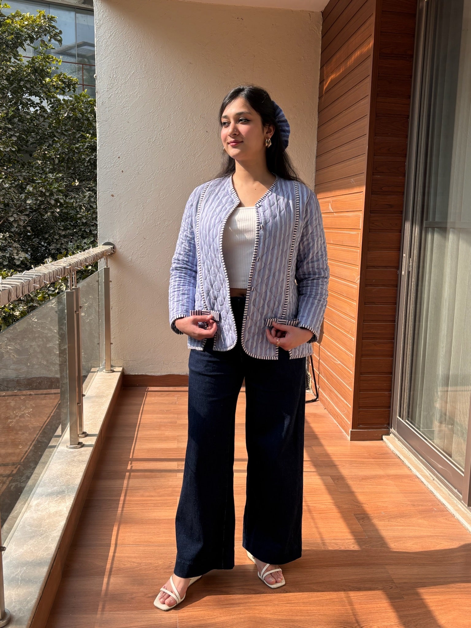 Misty Blue Bow Quilted Jacket