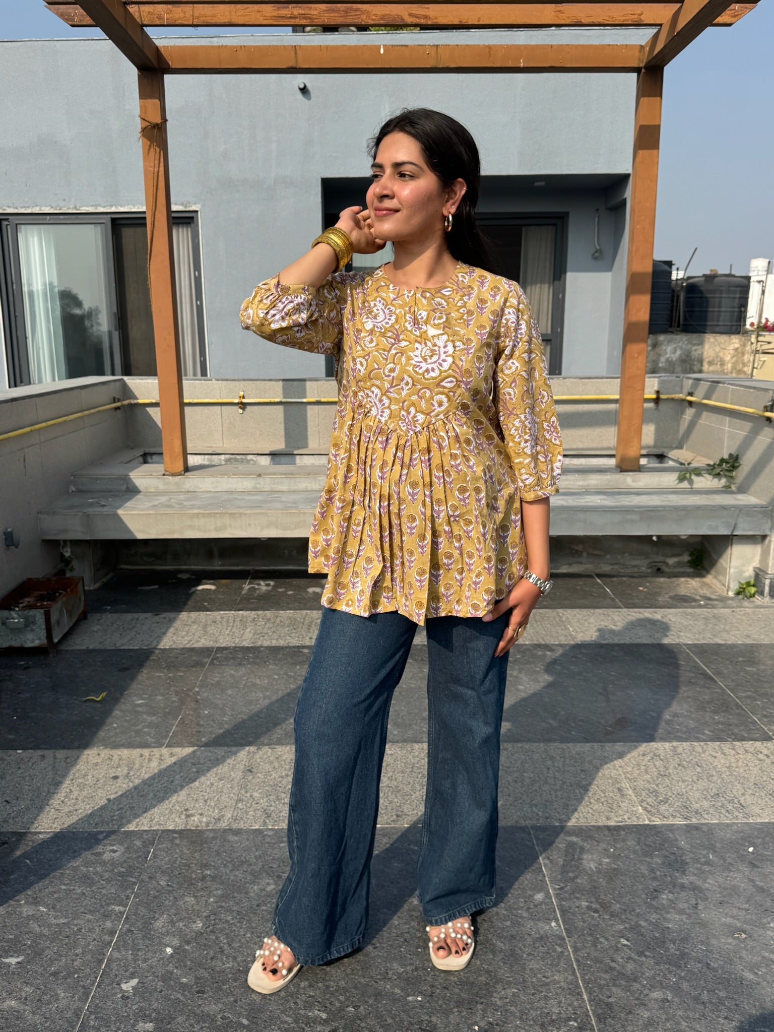 Mud Floral Gather Short Kurti