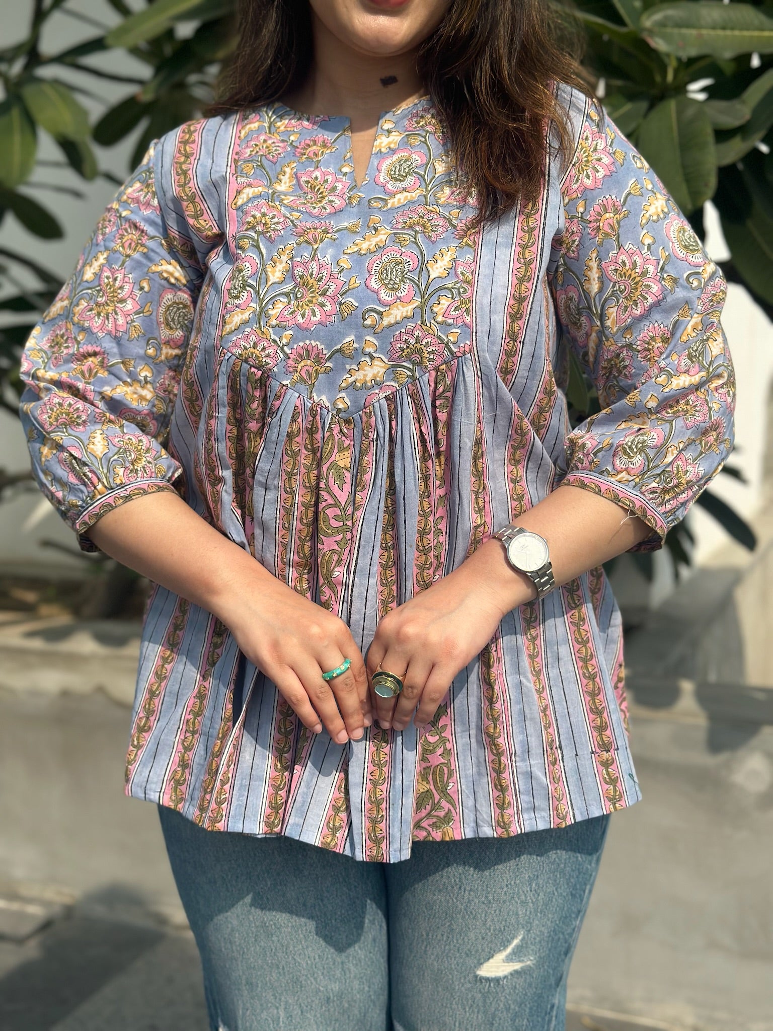 Steel Blue Gather Short Kurti