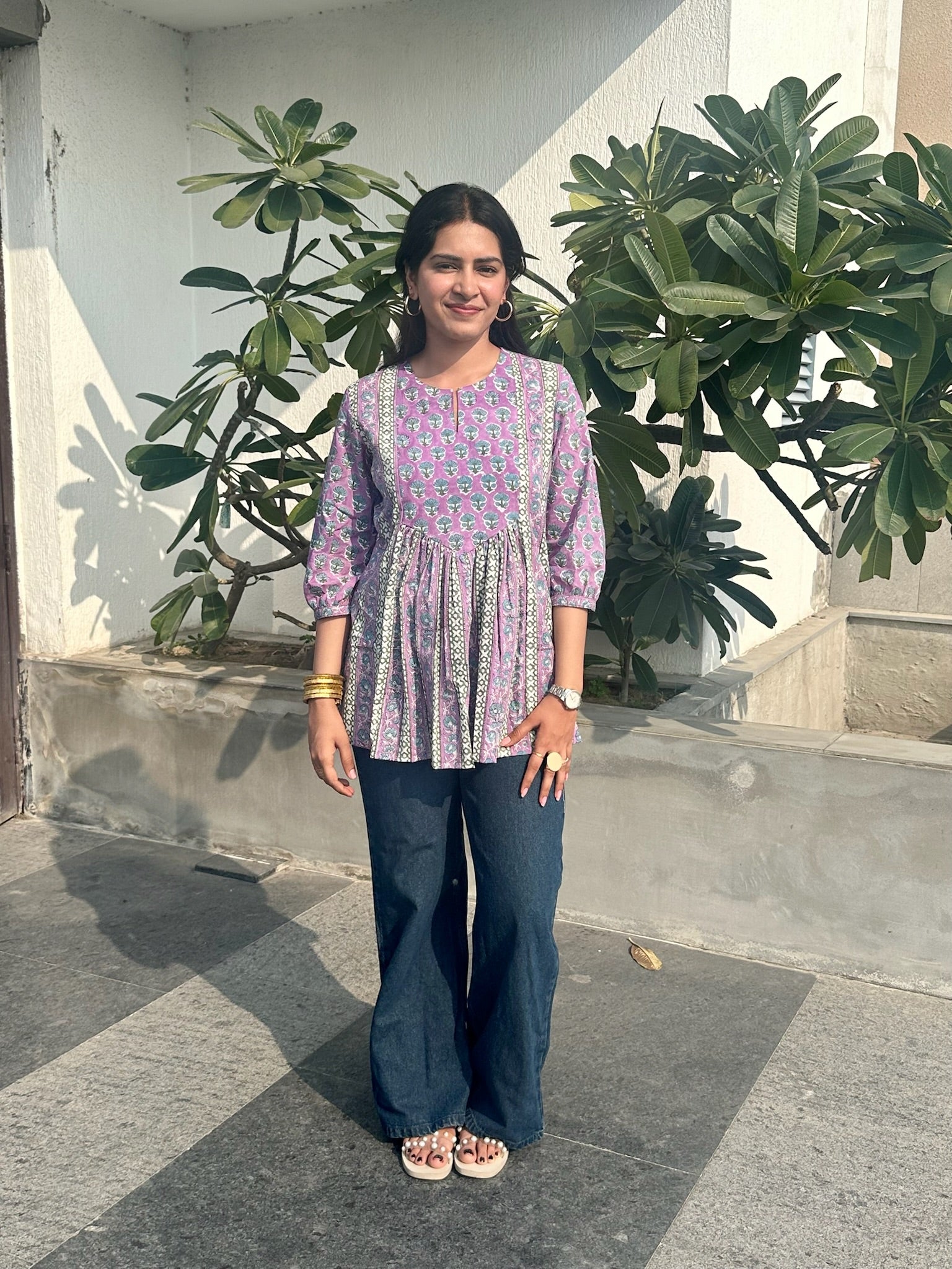 Floral Mauve Gather Short Kurti