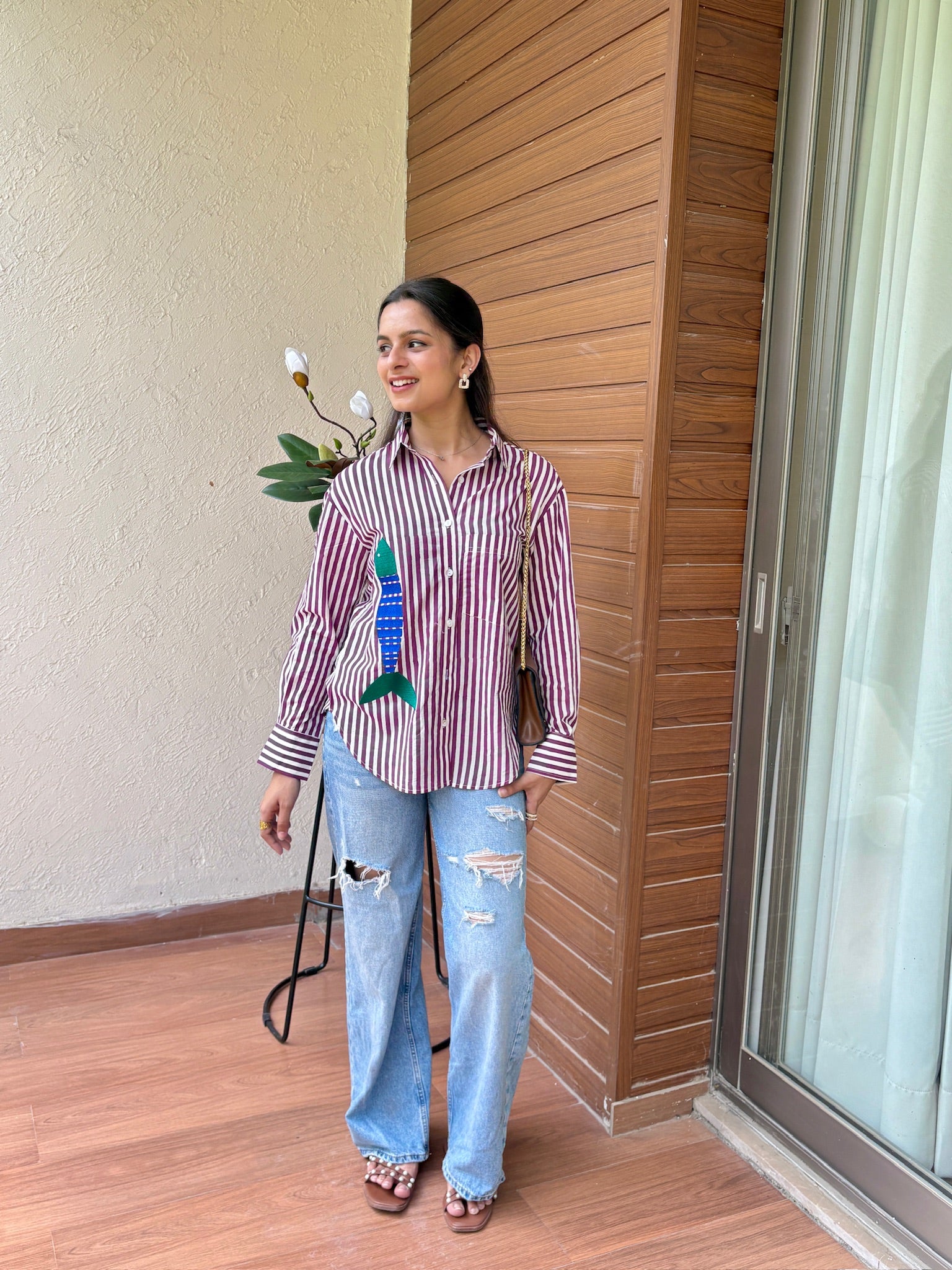 Purple Blue Contrast Fish Embroidery Shirt