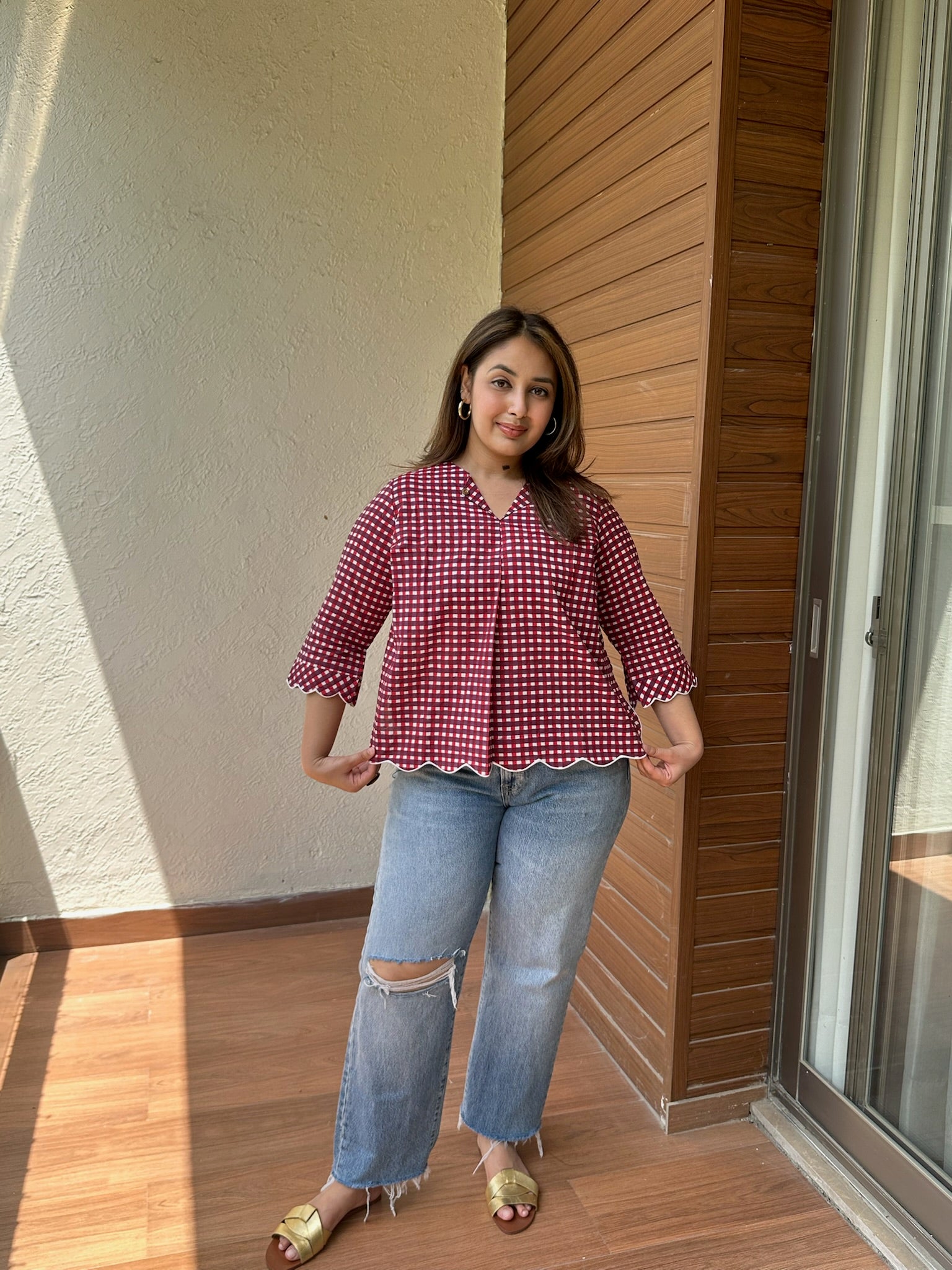 Deep Red Gingham Scallop Top