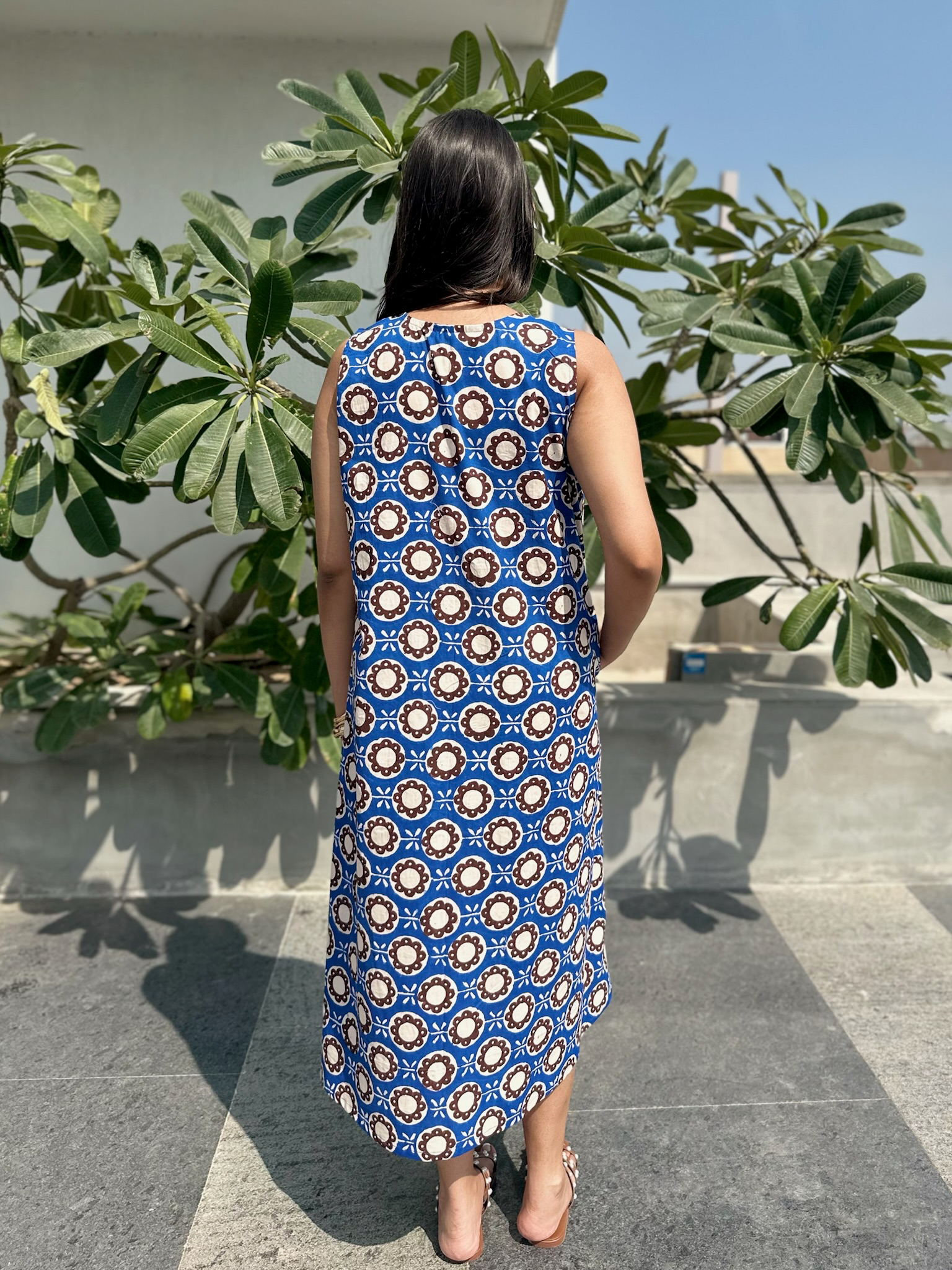 Abstract Floral Red Blue Midi Dress