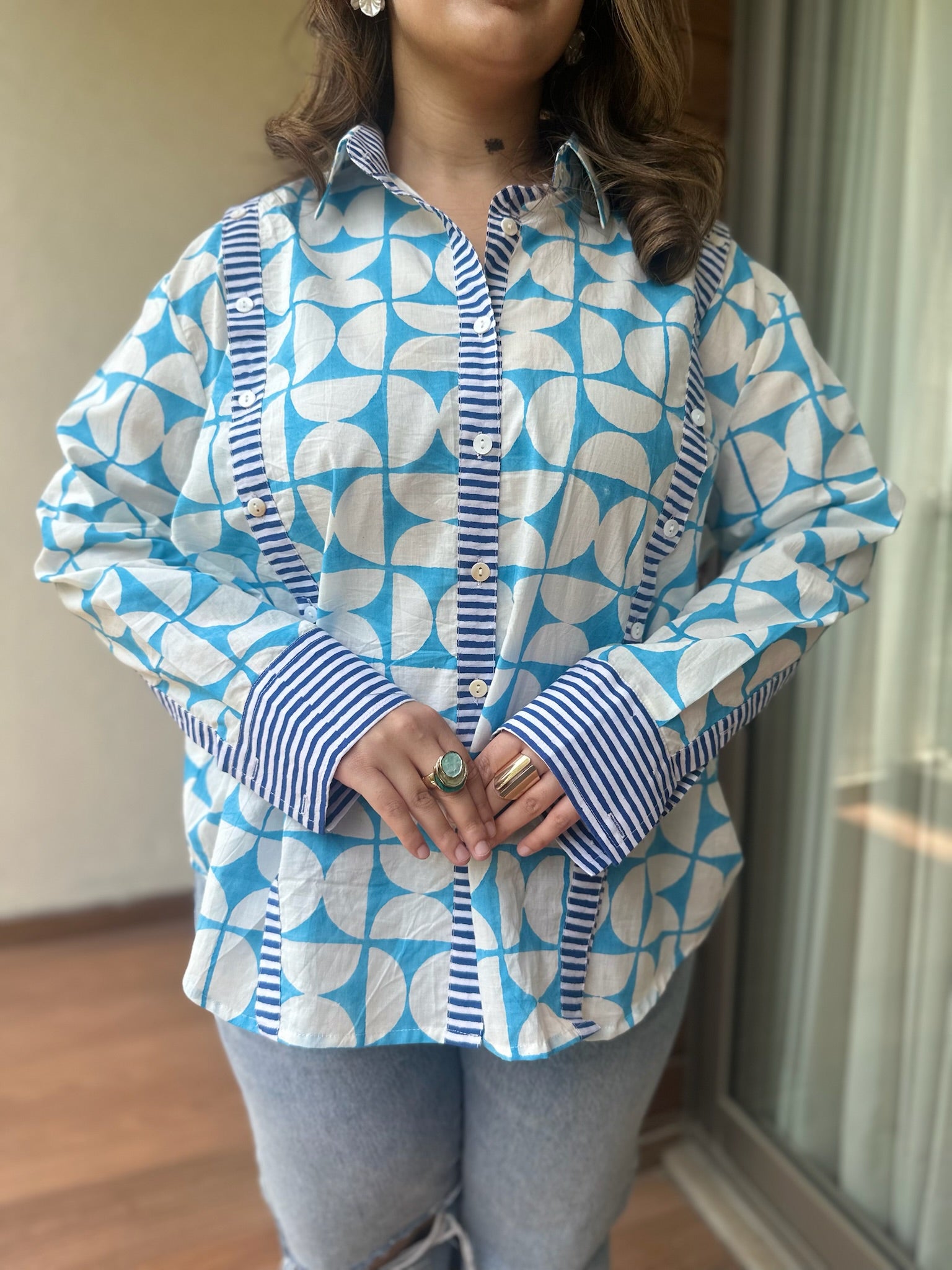 Exclusive Geometric Blue Multi Placket Shirt