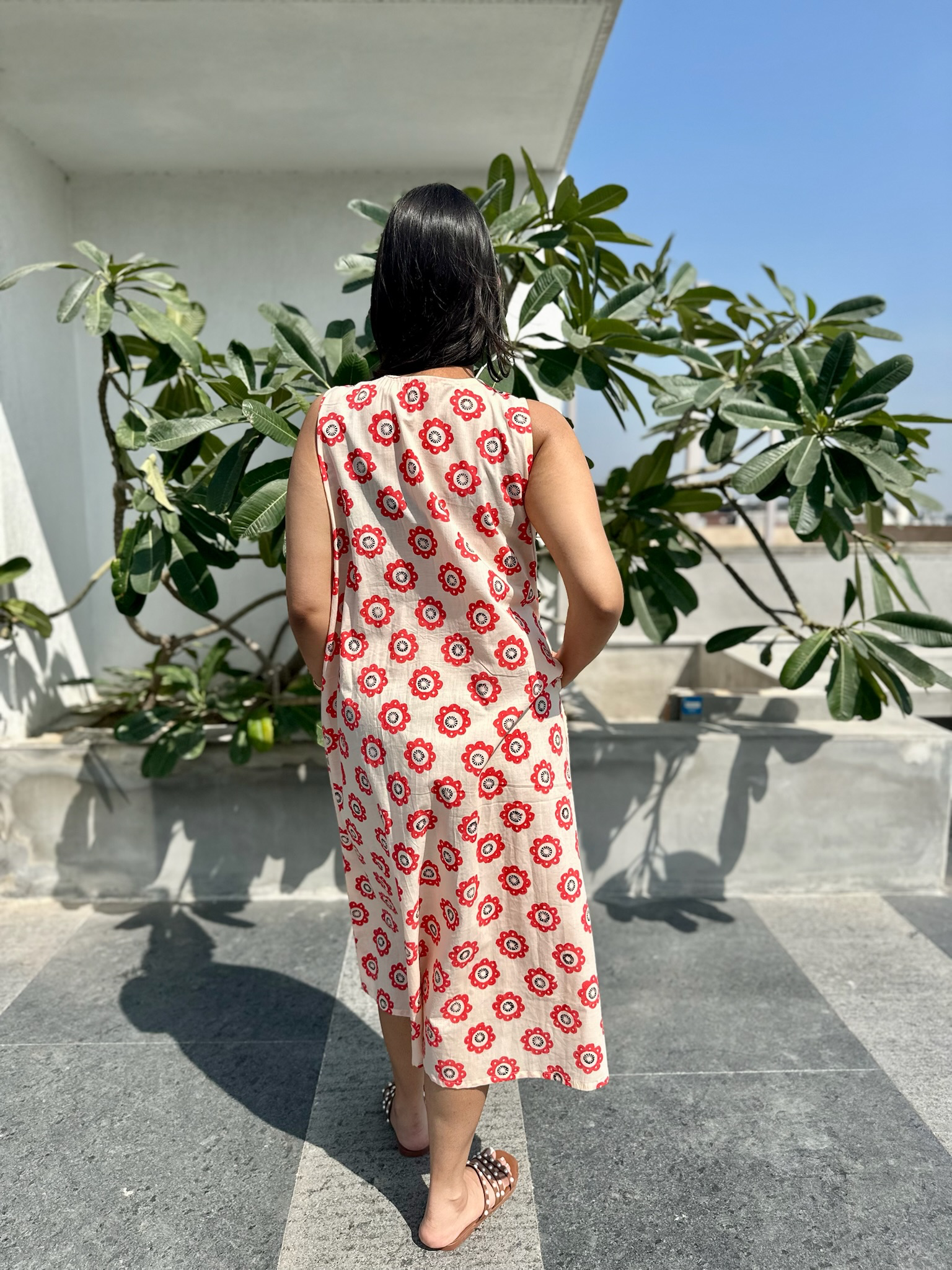 Abstract Floral Red Ivory Midi Dress