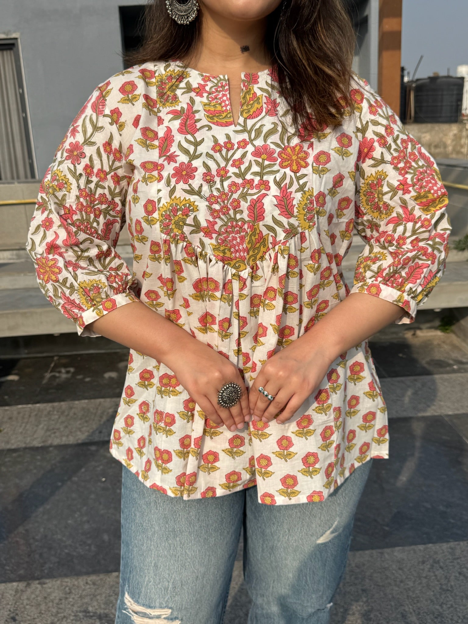 Phool White Gather Short Kurti