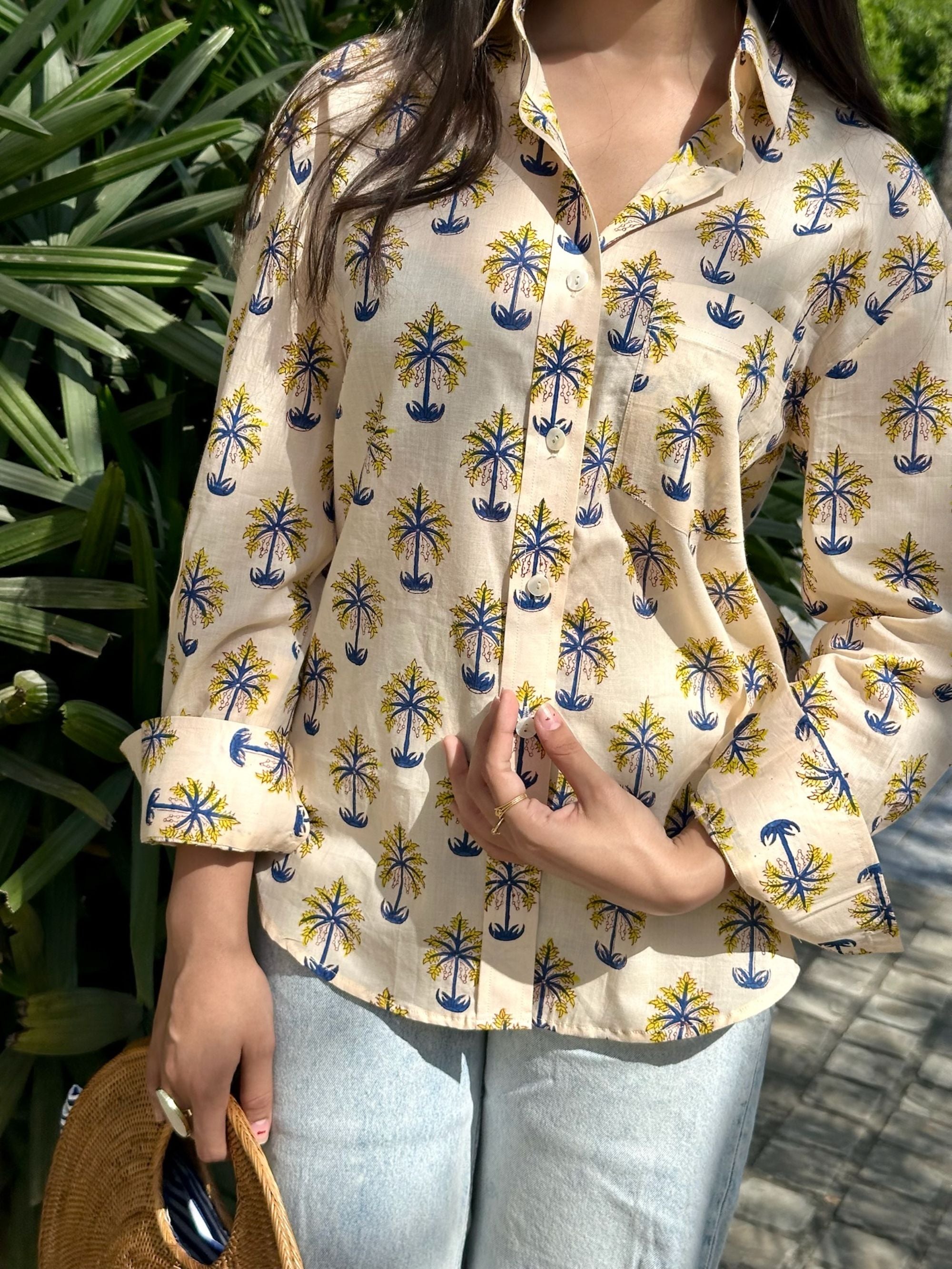 Palm Leaves Yellow and Blue Shirt