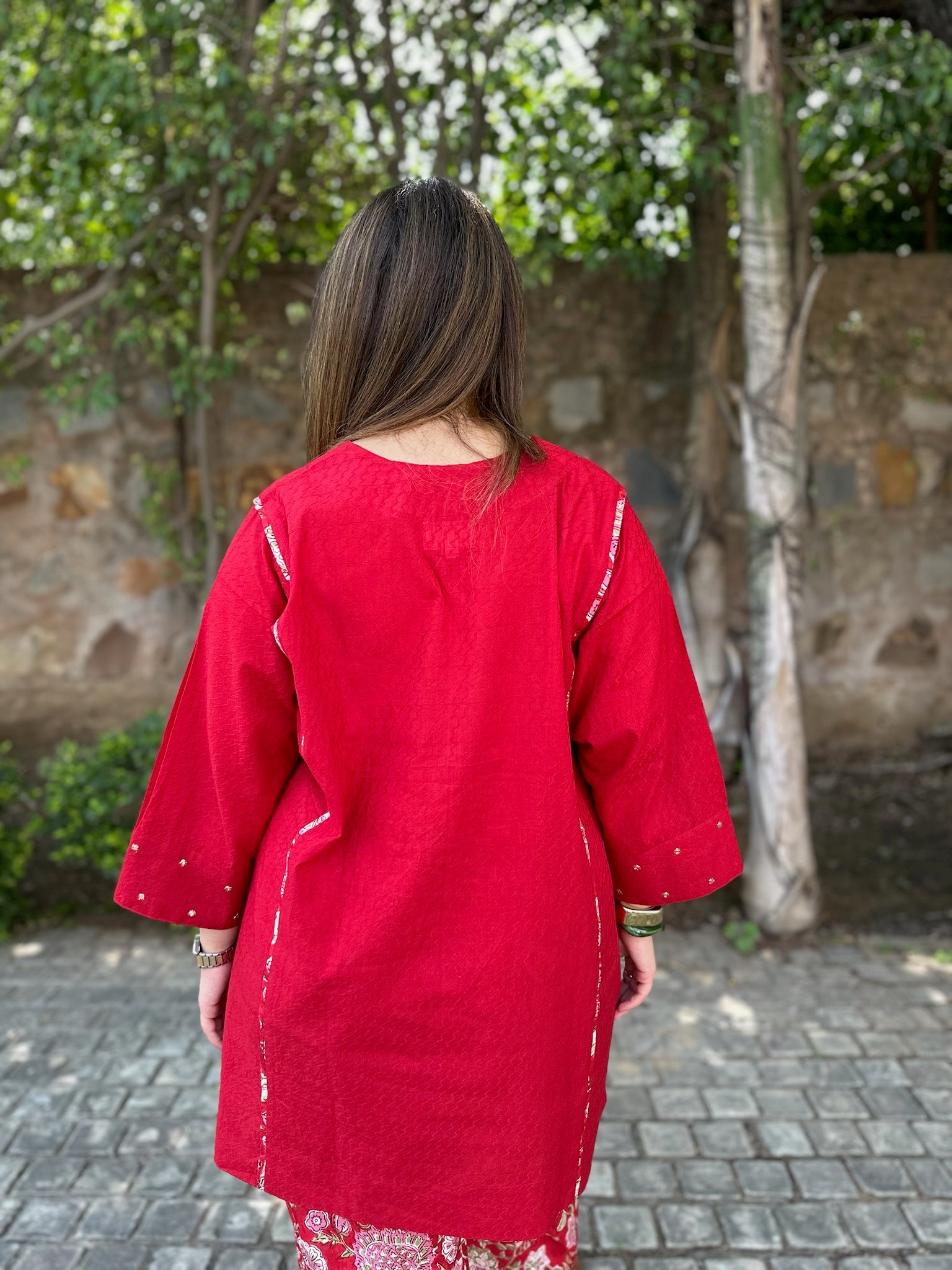 bright red short dobby co-ord set