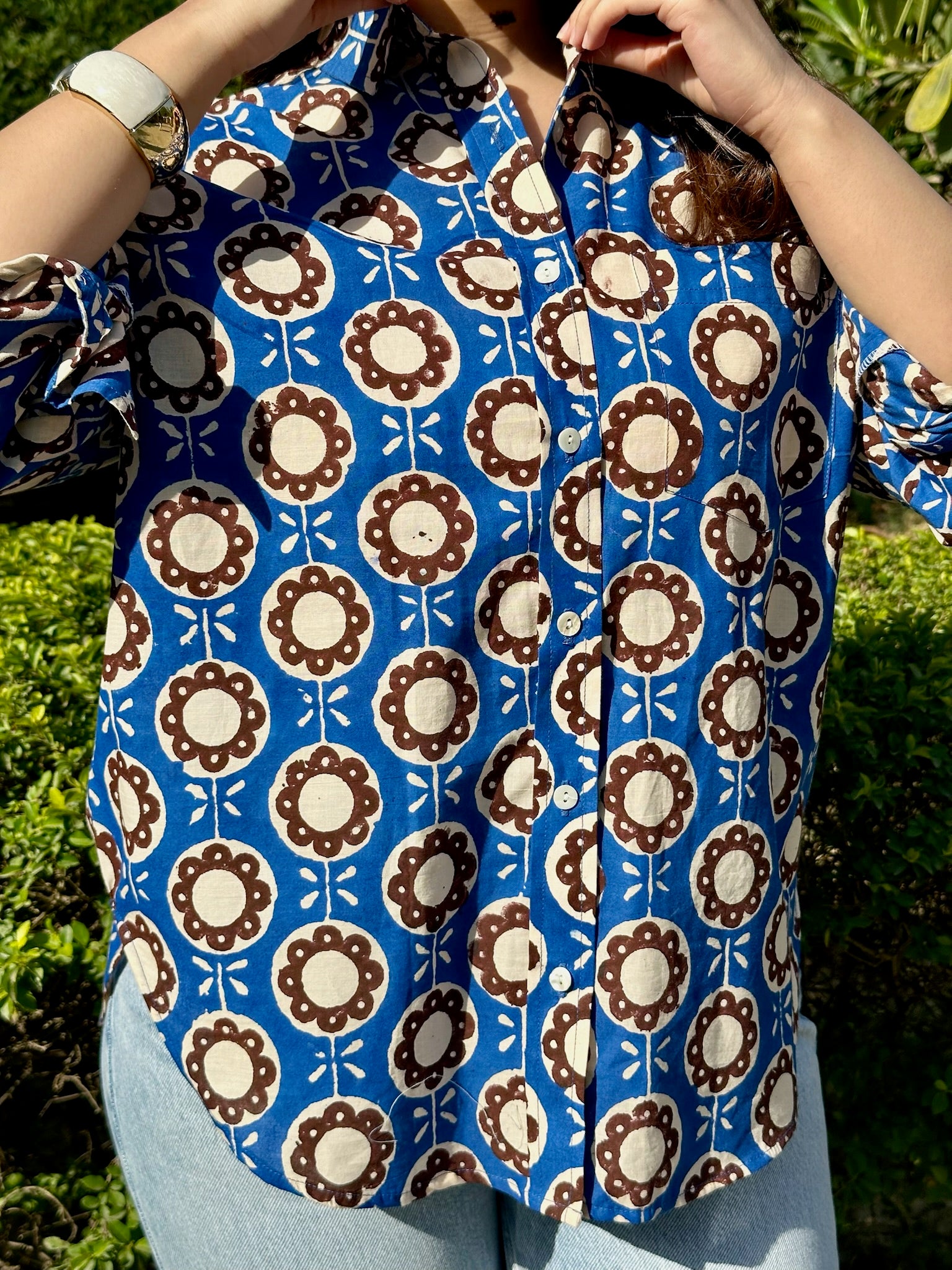 Abstract Floral Blue Brown Shirt