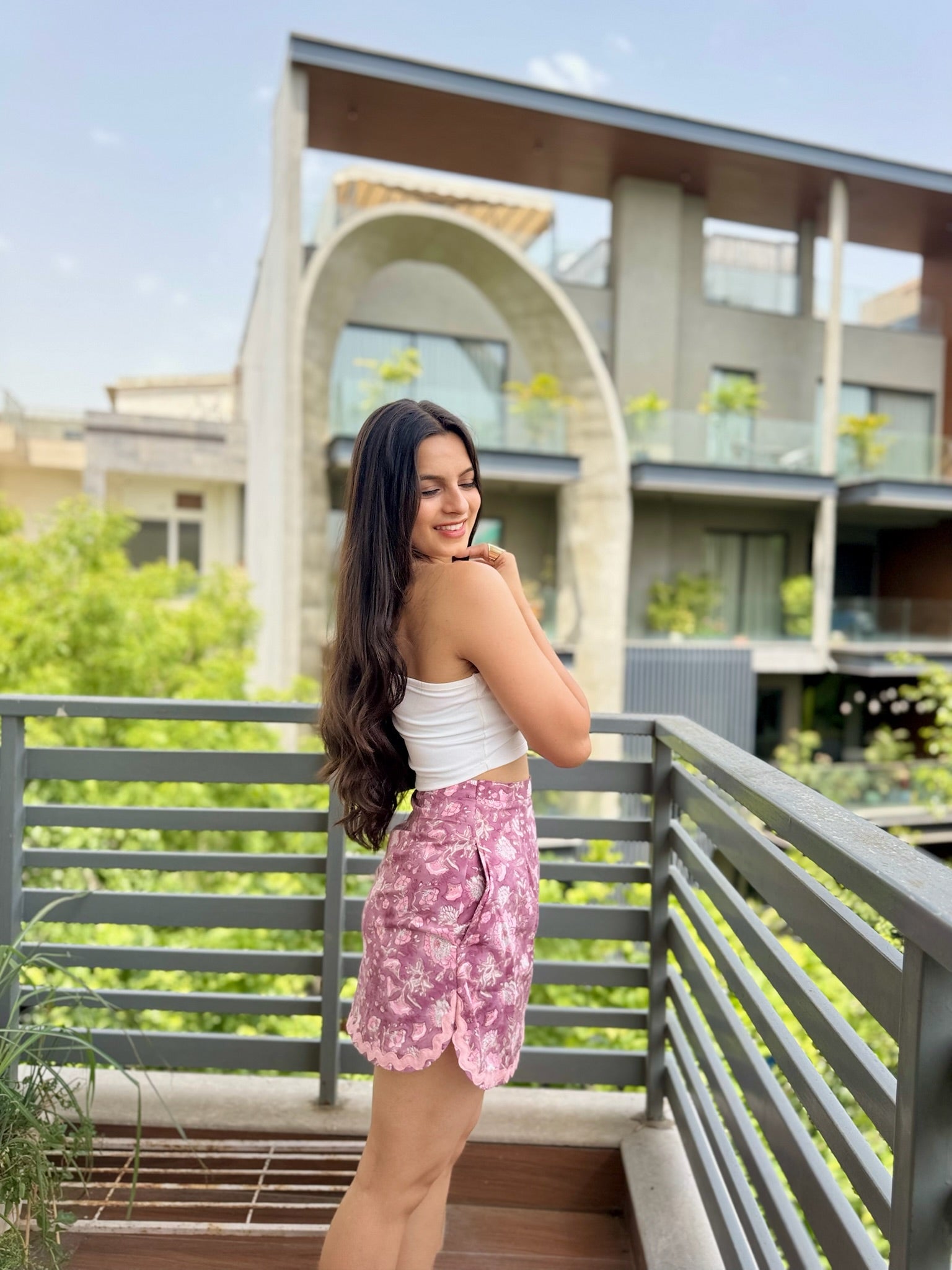 Mauve Pink Floral Printed Lace Skort