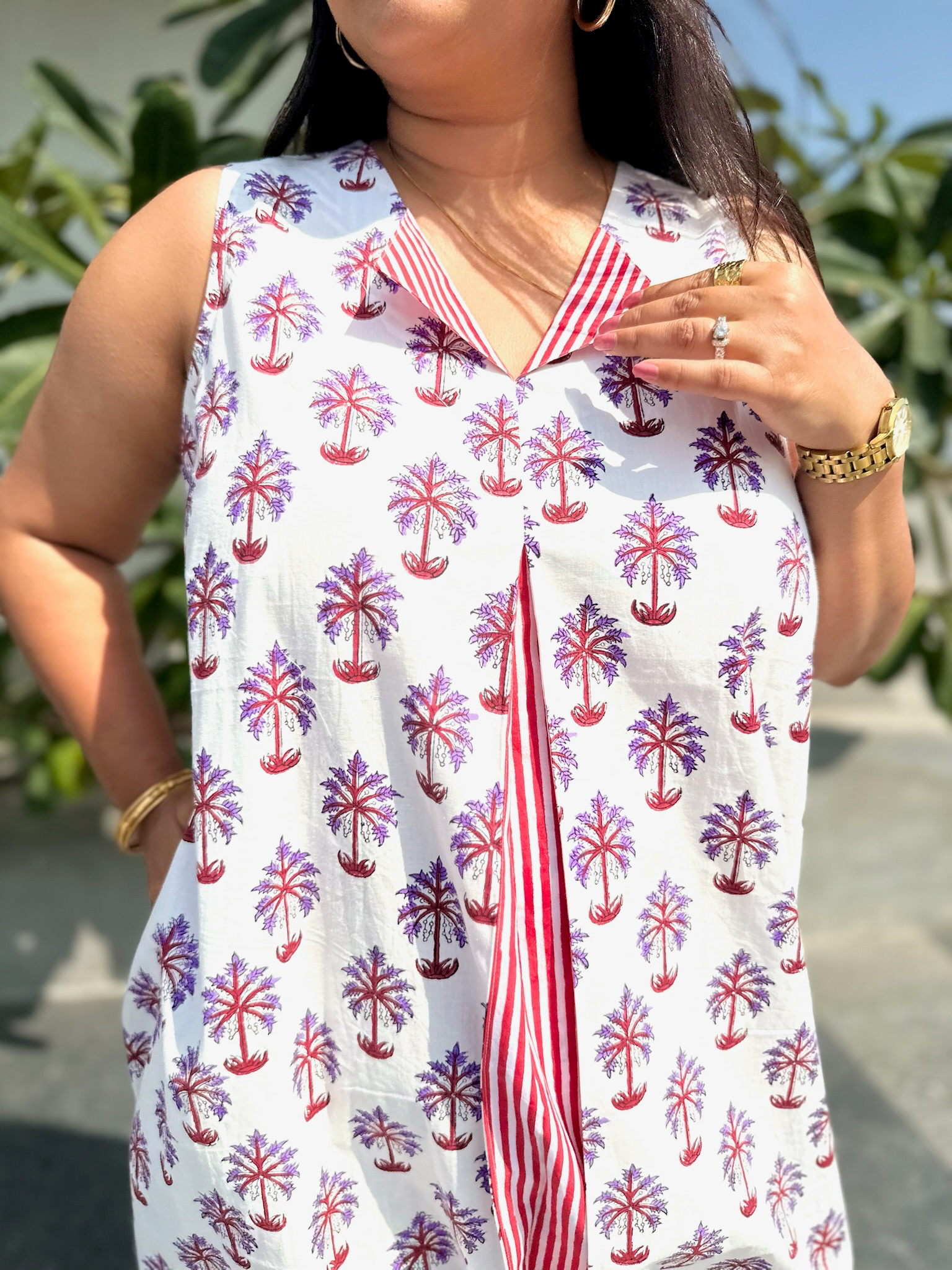 Palm Leaves Red and Purple Midi Dress