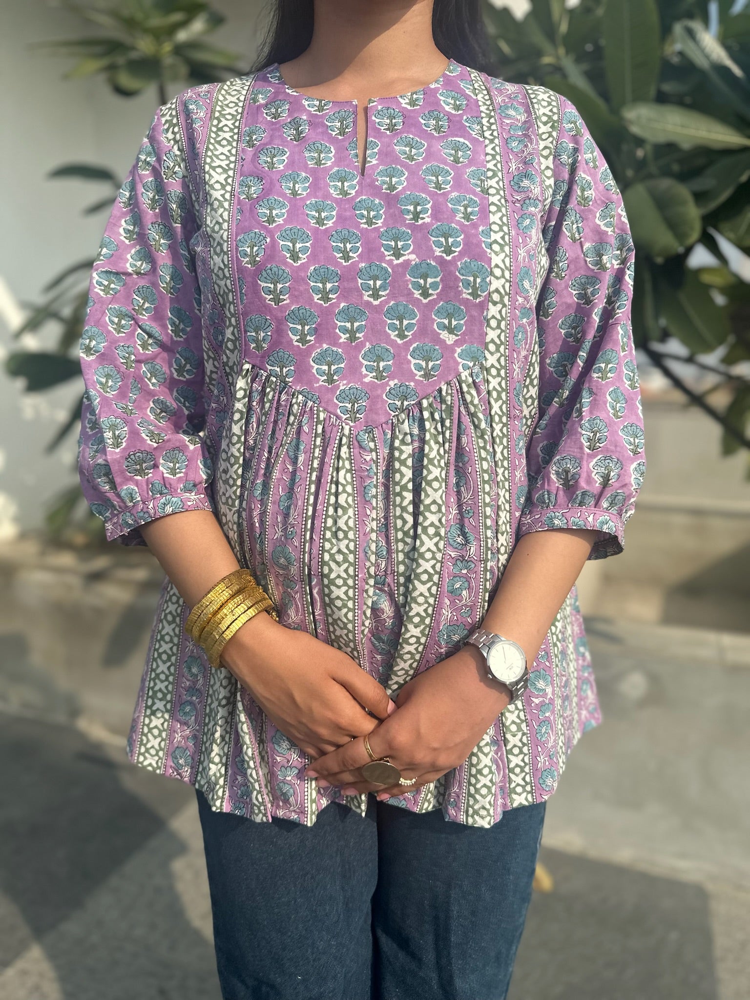 Floral Mauve Gather Short Kurti