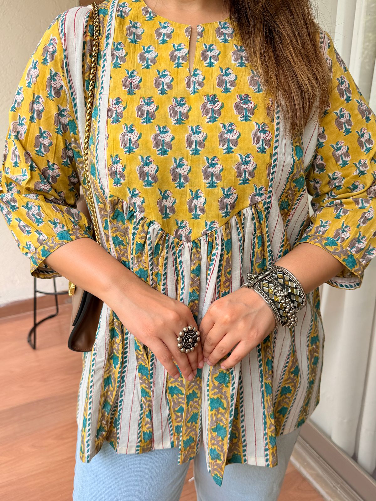 Candle Glow Yellow Gather Short Kurti