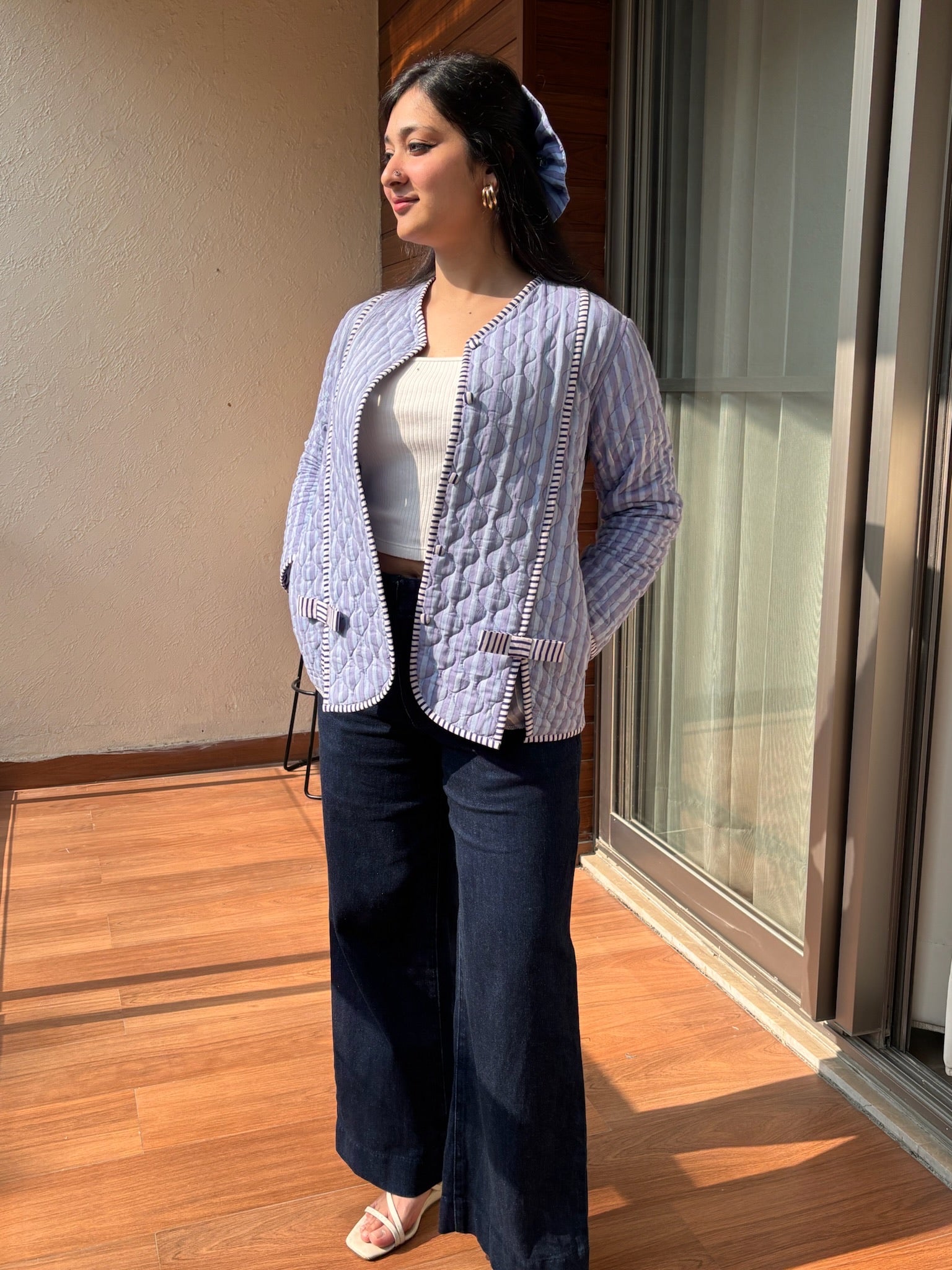 Misty Blue Bow Quilted Jacket