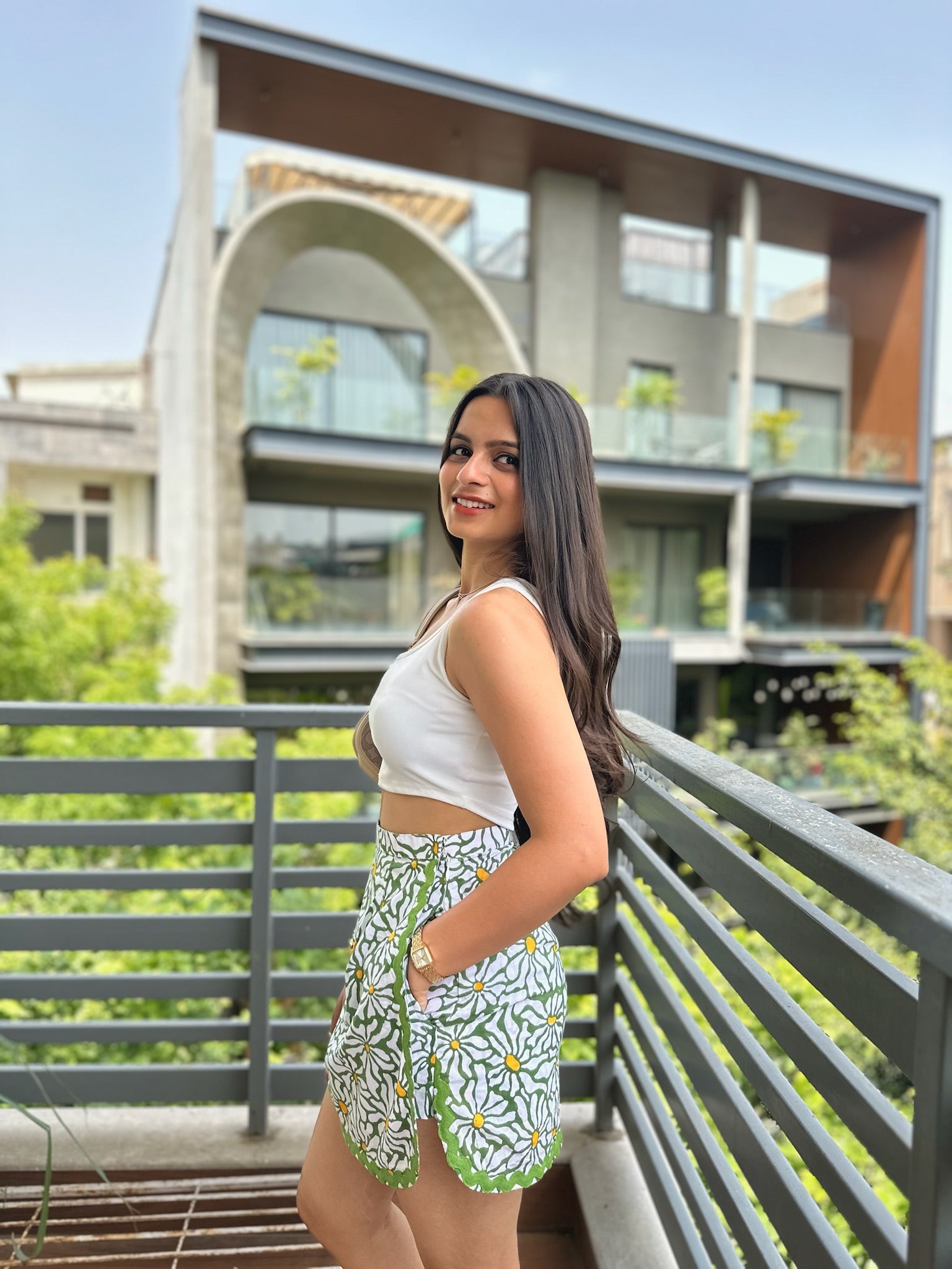 Olive Green Floral Printed Lace Skort
