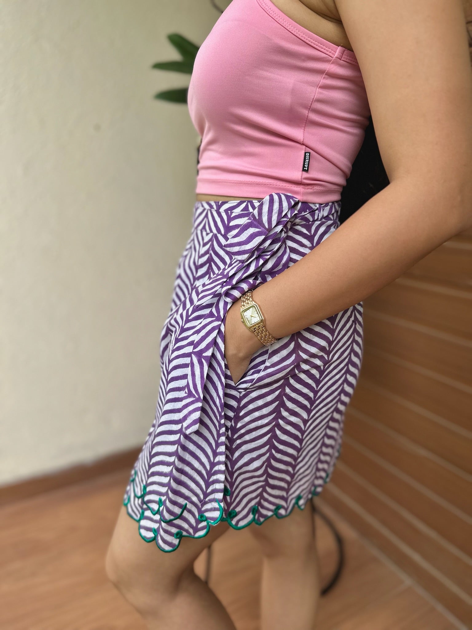 Plum Green Leafy Embroidery Skort