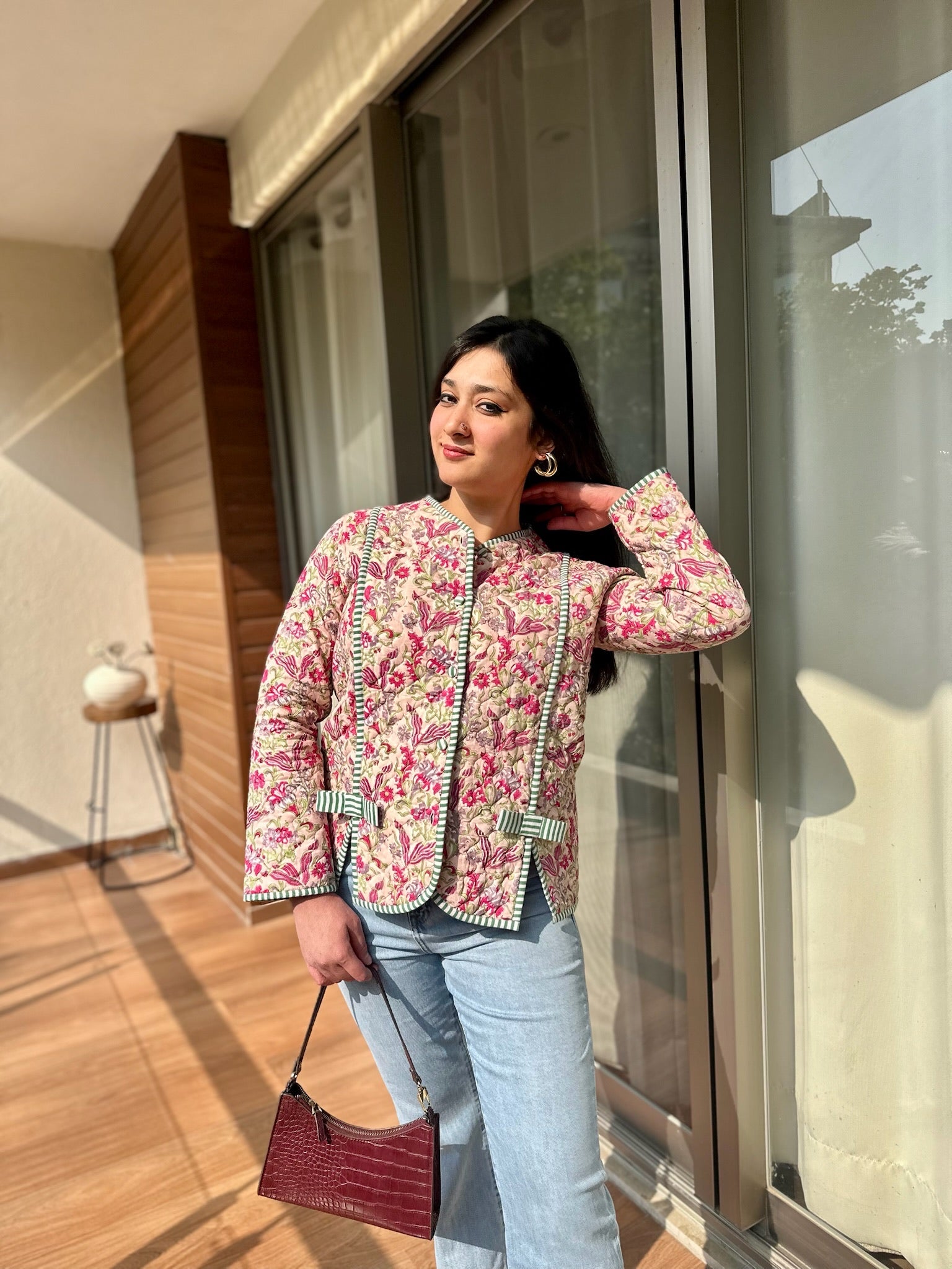 Floral Taupe Bow Quilted Jacket