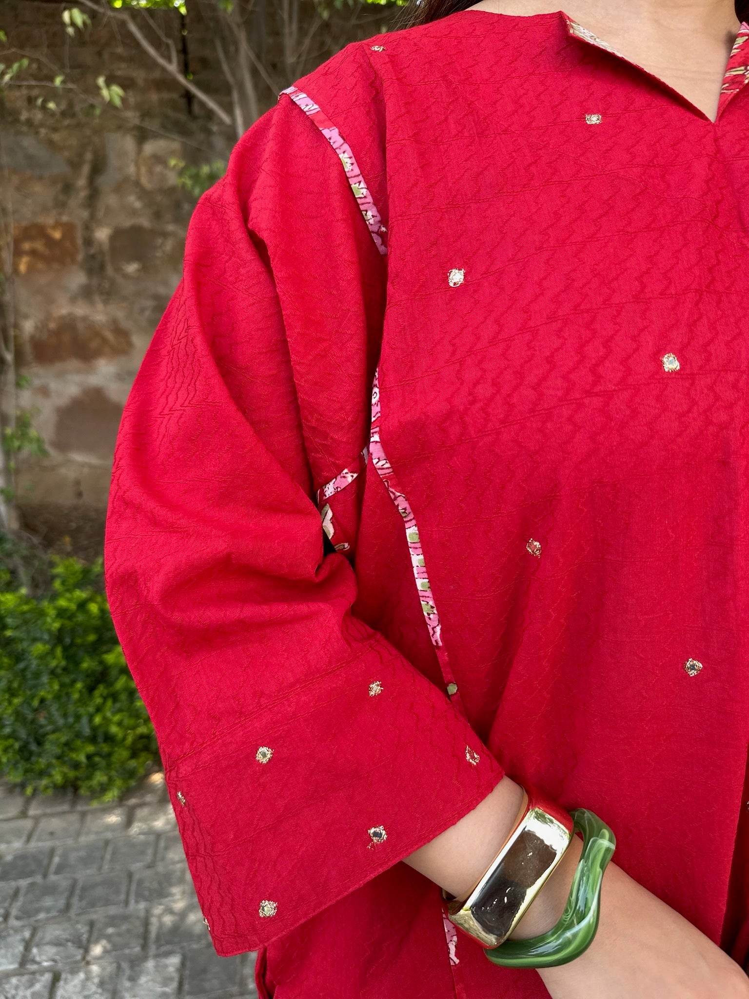 bright red short dobby co-ord set