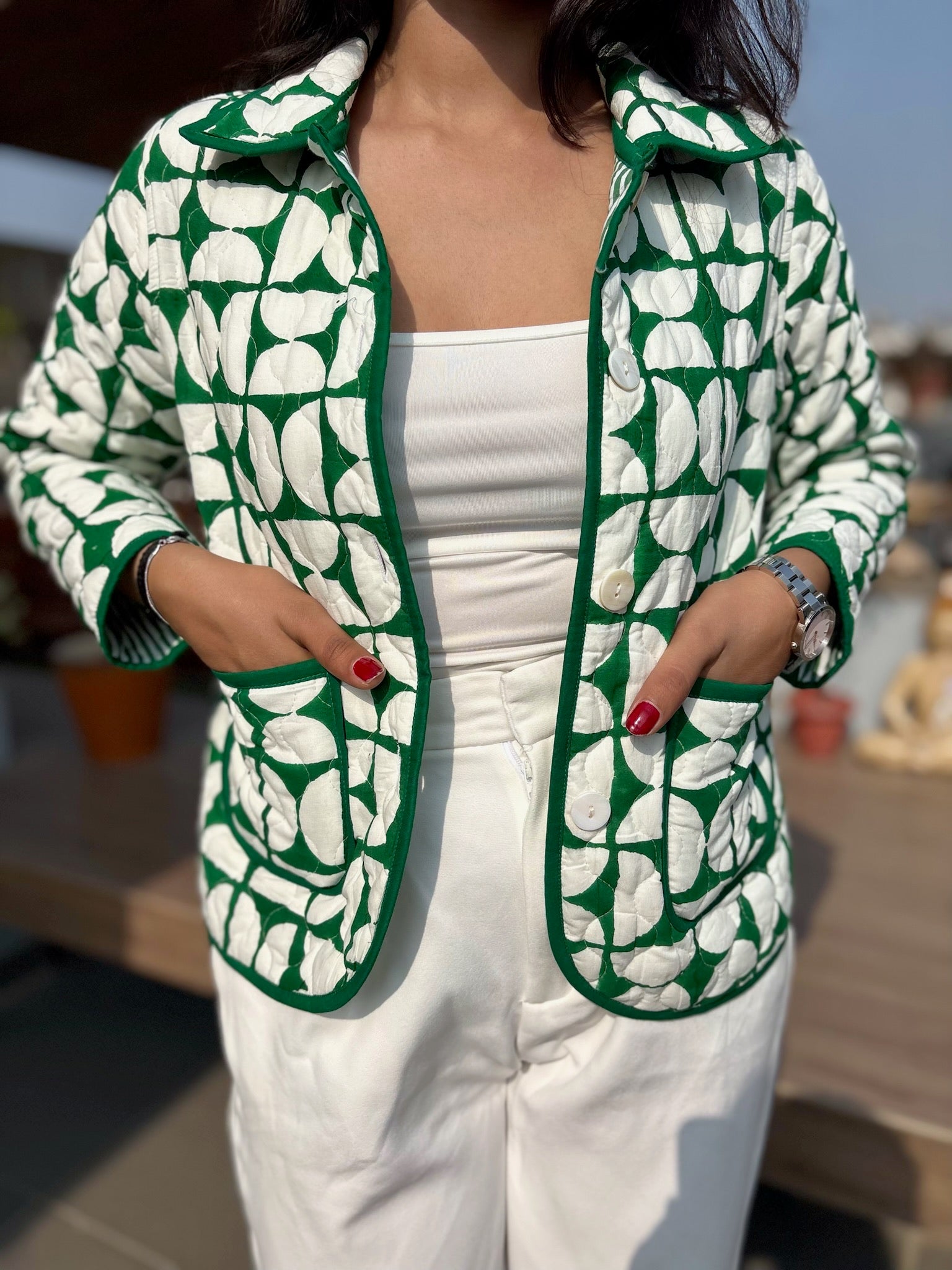 Geometric Green Bomber Jacket
