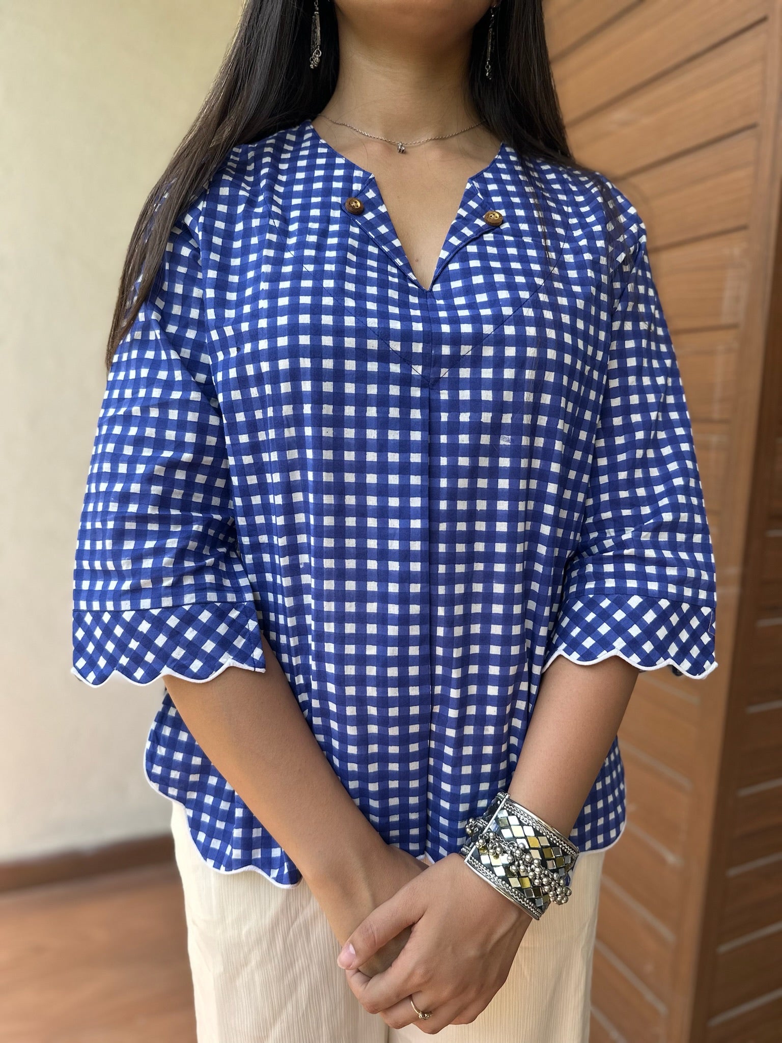 Indigo Gingham Scallop Top
